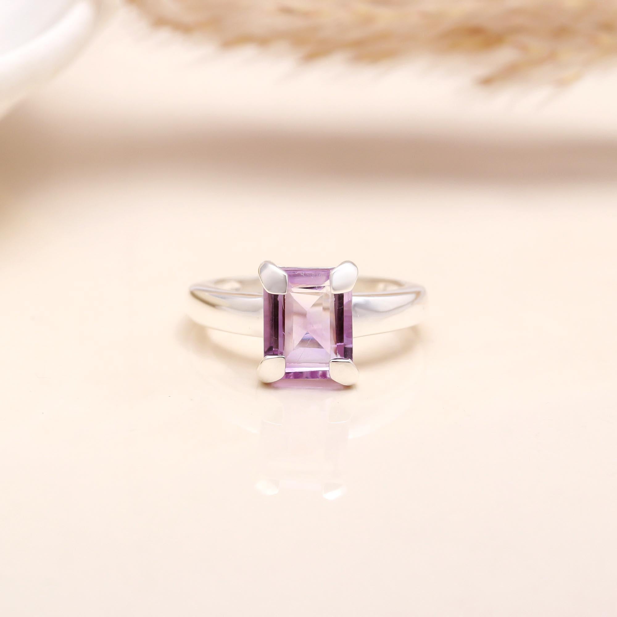 Emerald Cut Amethyst: Elegant Prong Set Ring