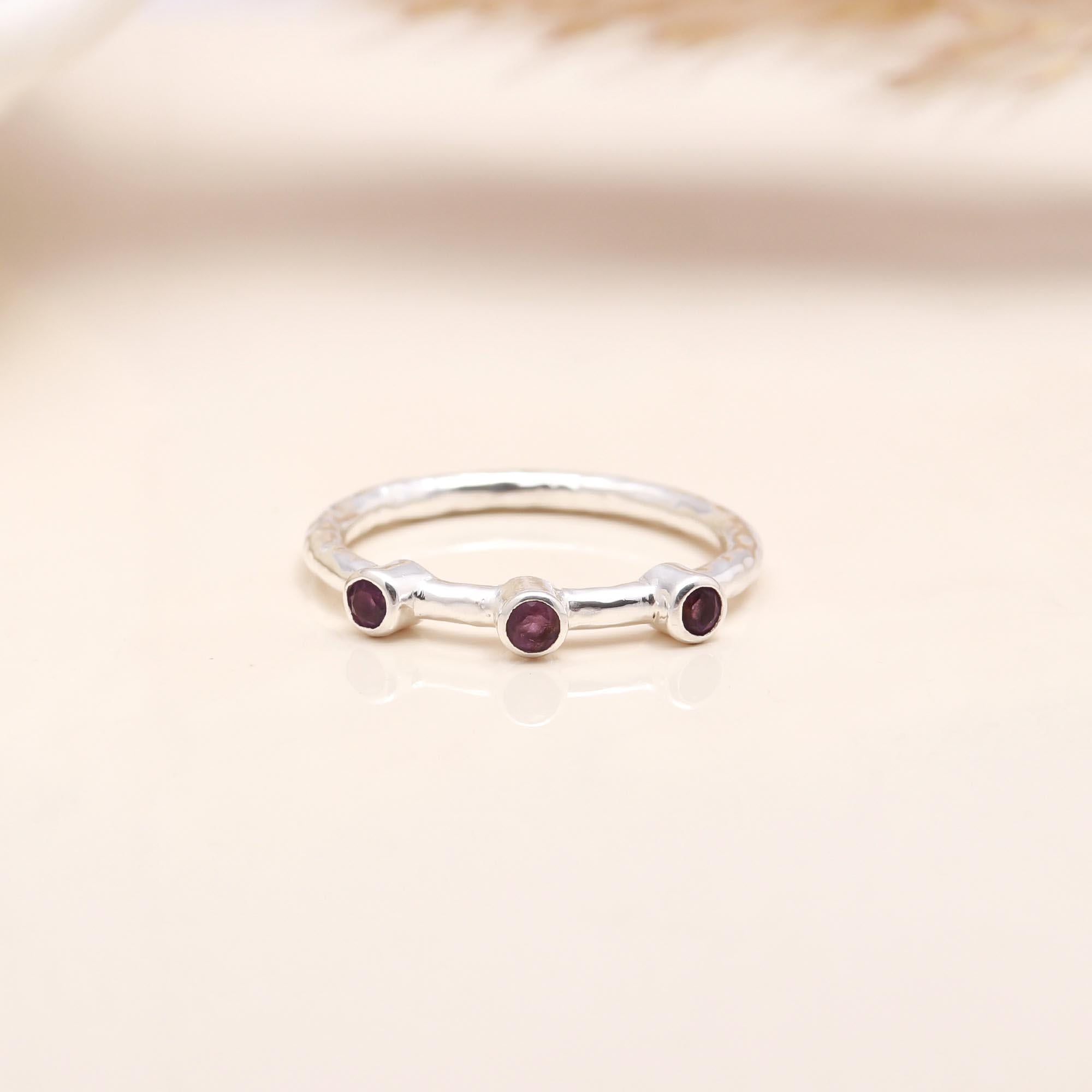 Three Stone Amethyst: Dainty Hammered Band