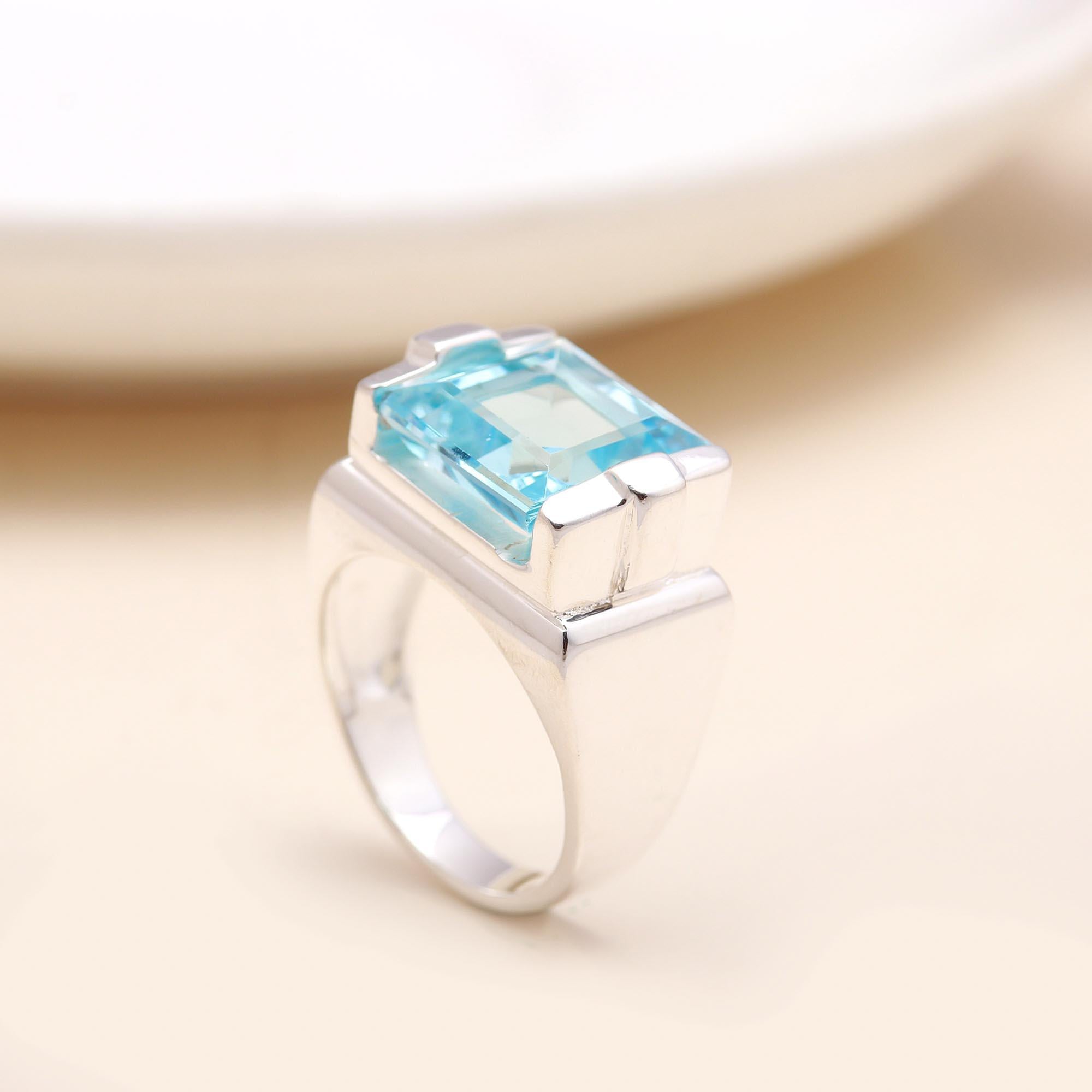 Blue Topaz Rectangle: Art Deco Geometric Ring