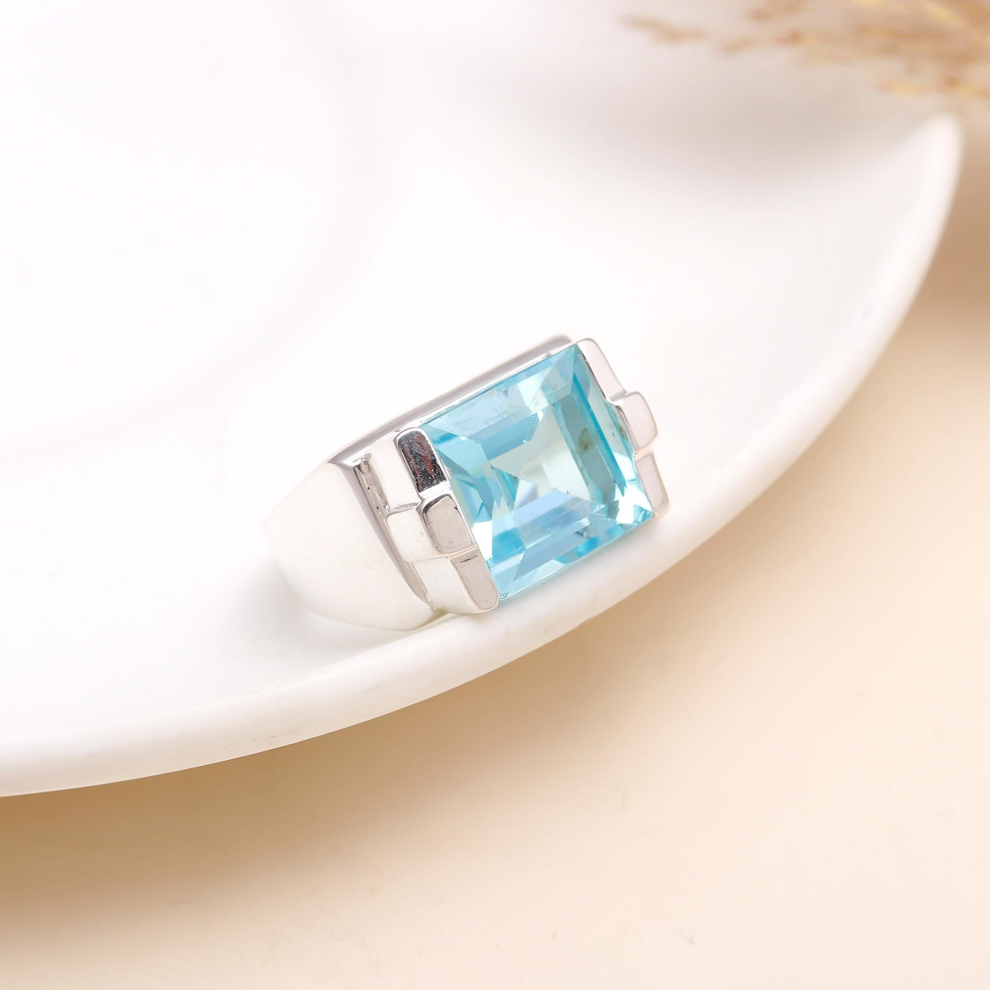Blue Topaz Rectangle: Art Deco Geometric Ring