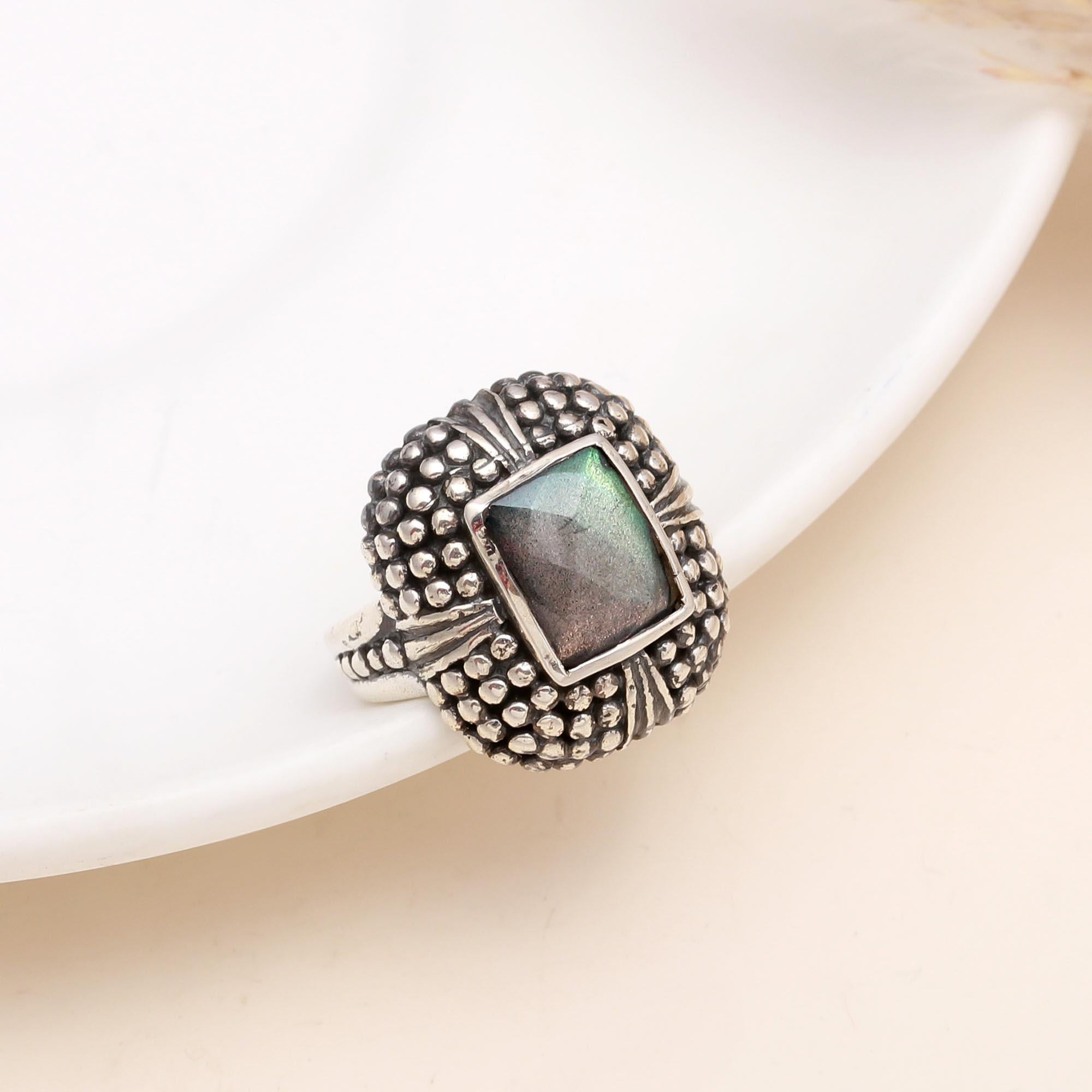 Square Labradorite: Vintage Granulation Statement Ring