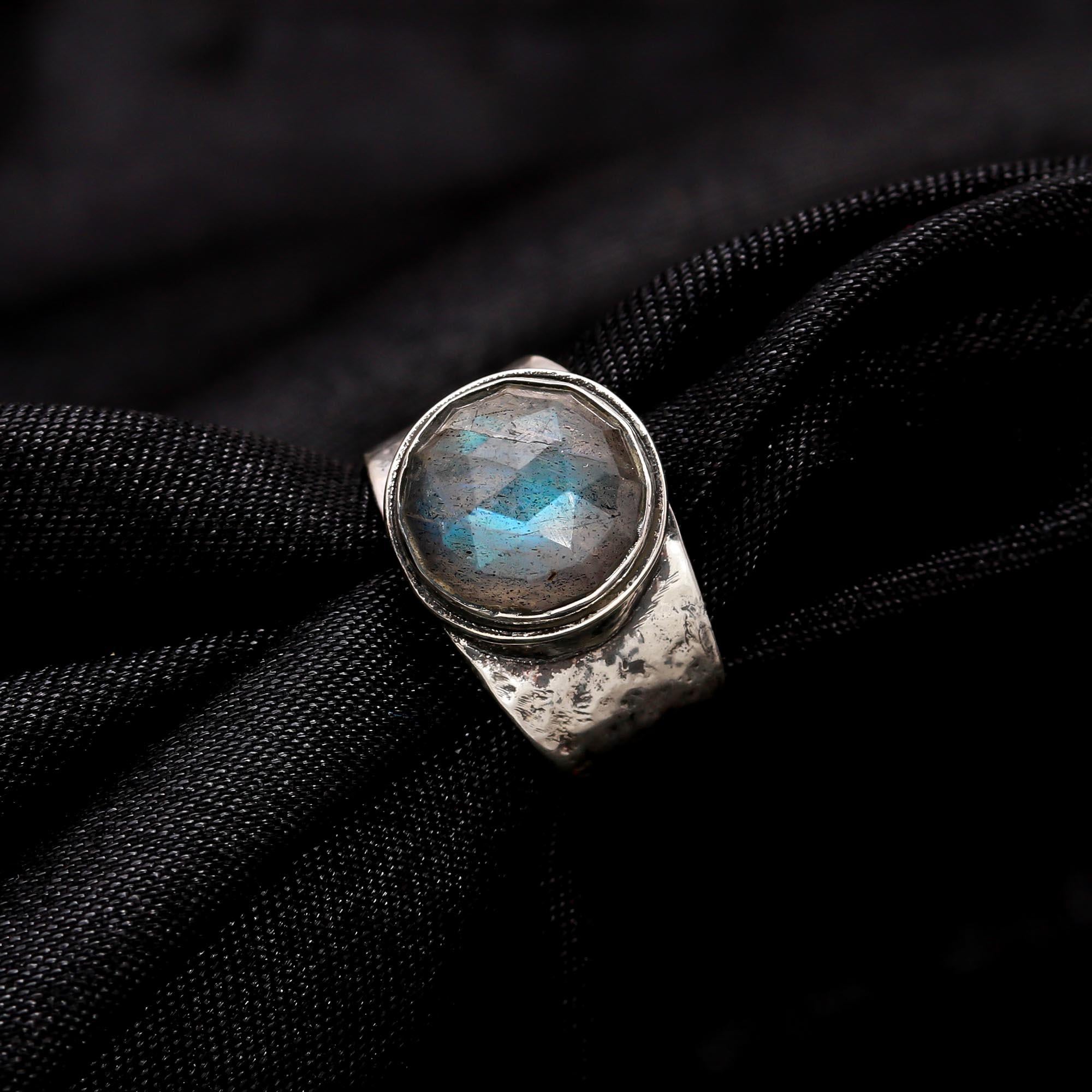 Round Labradorite: Wide Hammered Silver Ring