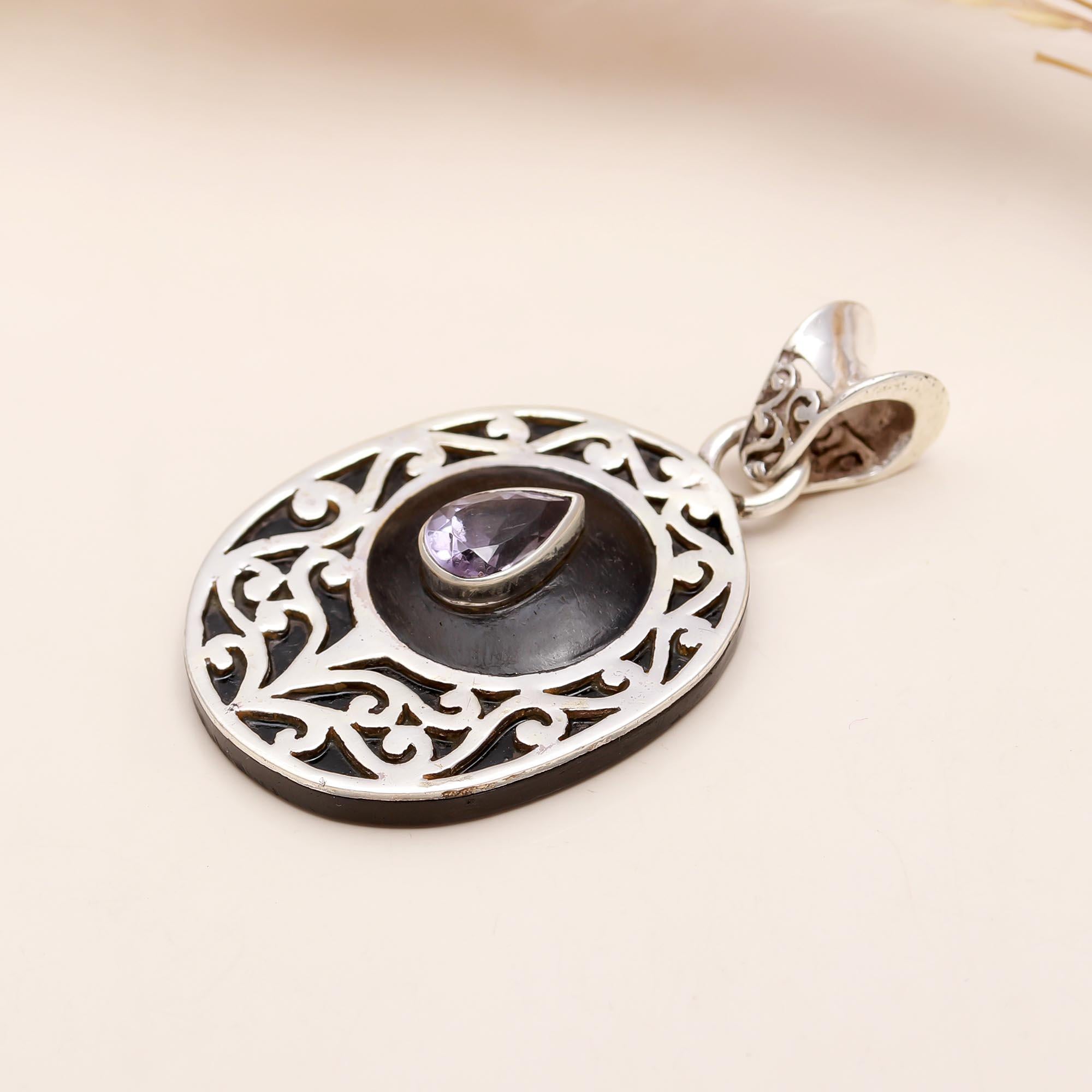 The Violet Ebony: Amethyst & Ebony Wood Silver Pendant