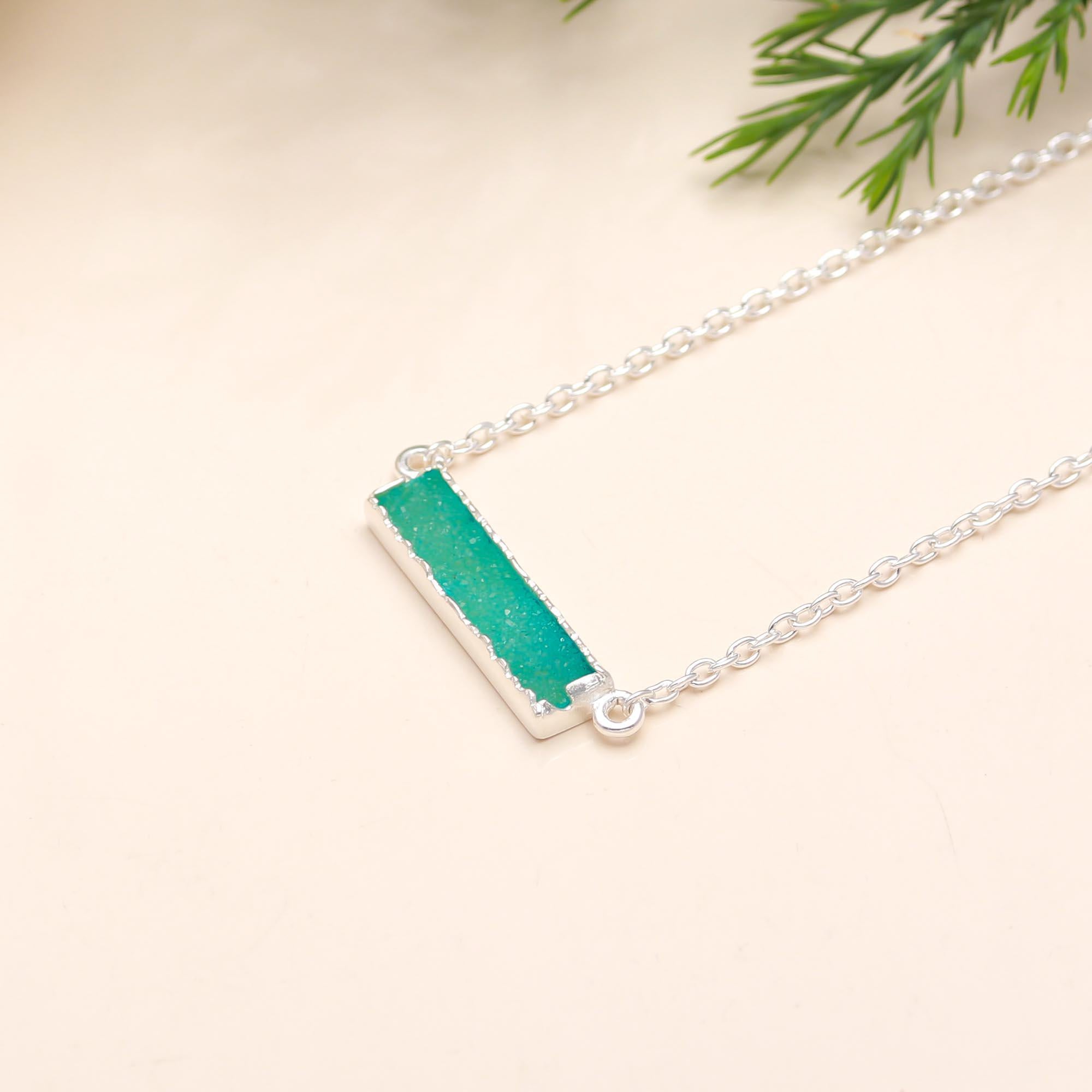 The Verdant Stardust: Green Druzy Bar Silver Necklace