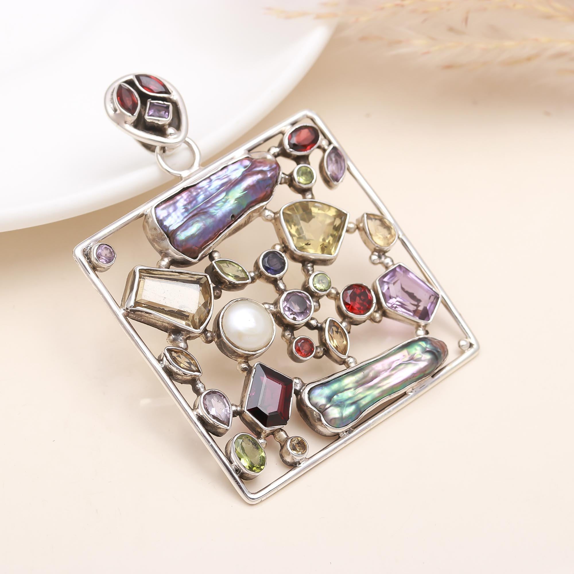 The Kaleidoscope Square: Multi-Gemstone & Biwa Pearl Pendant