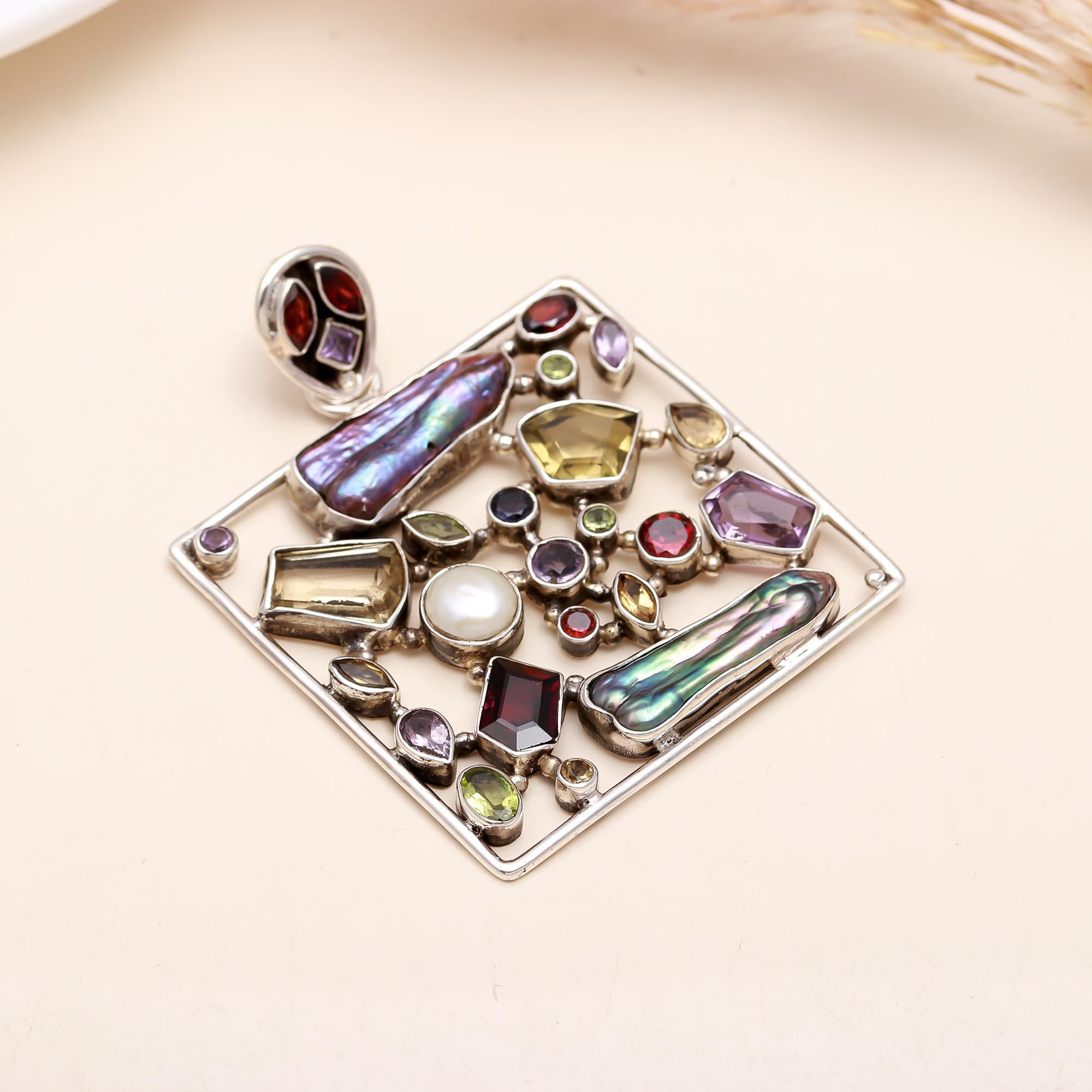 The Kaleidoscope Square: Multi-Gemstone & Biwa Pearl Pendant