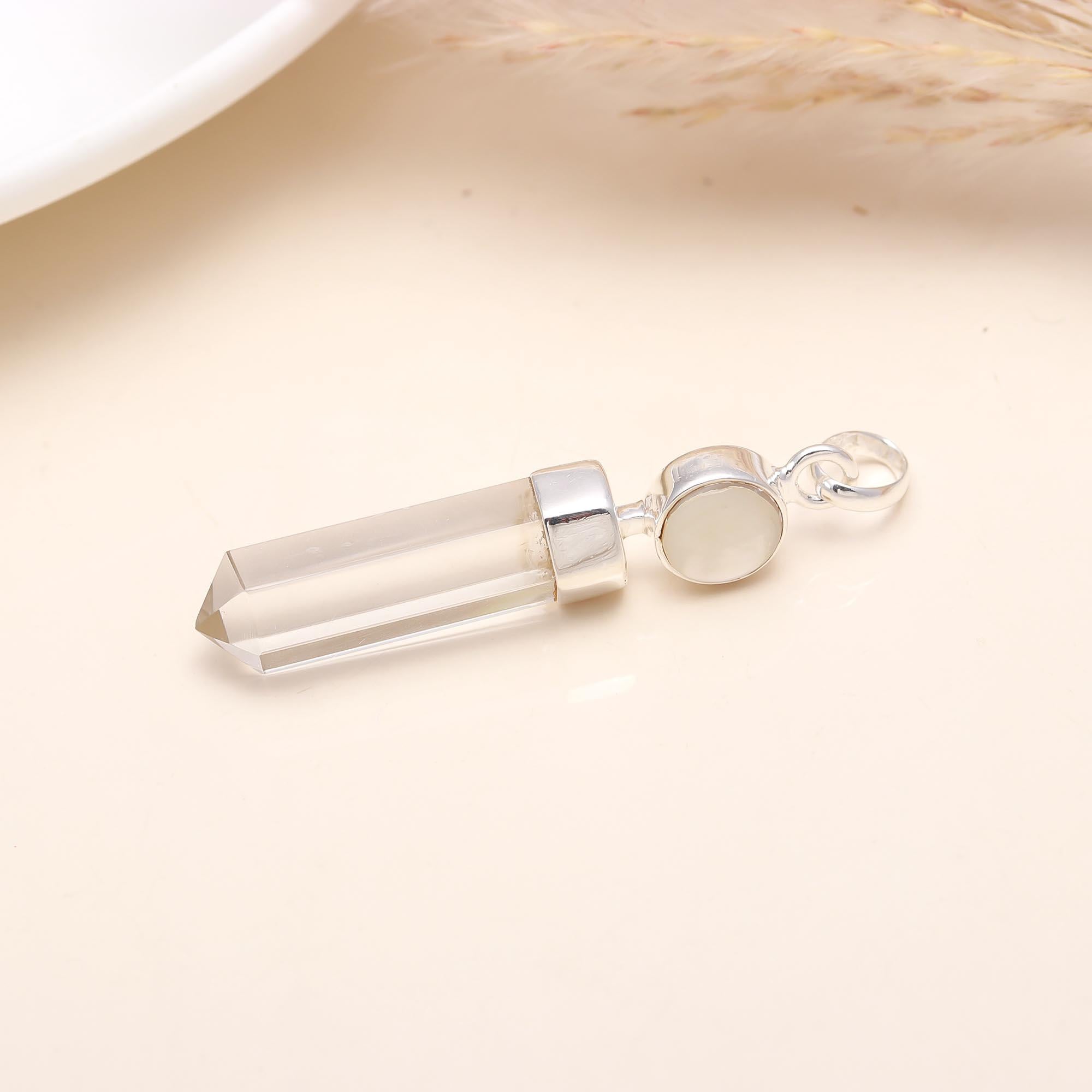 Natural Clear Quartz Point Pendant with Moonstone – Healing Crystal Necklace Charm