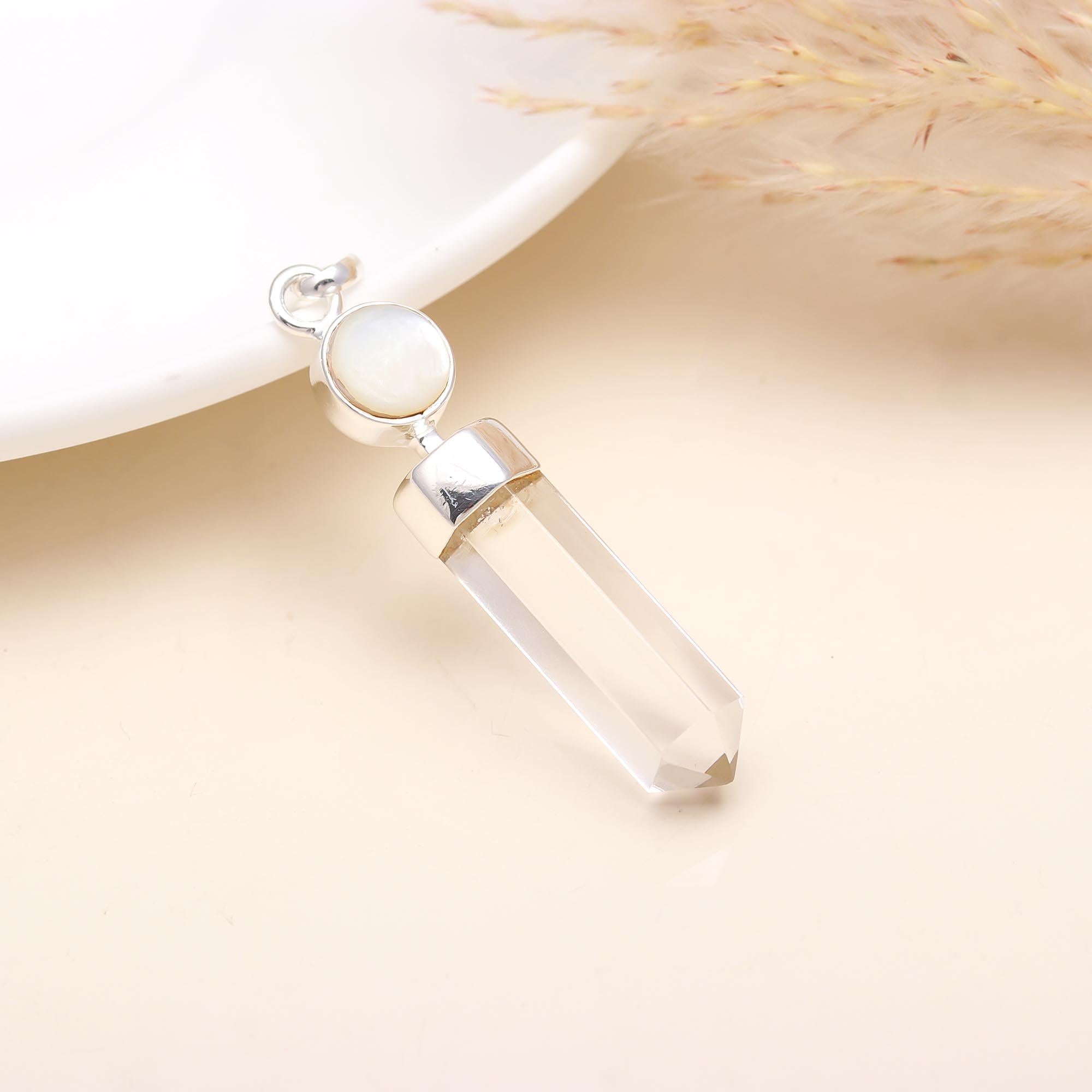 Natural Clear Quartz Point Pendant with Moonstone – Healing Crystal Necklace Charm
