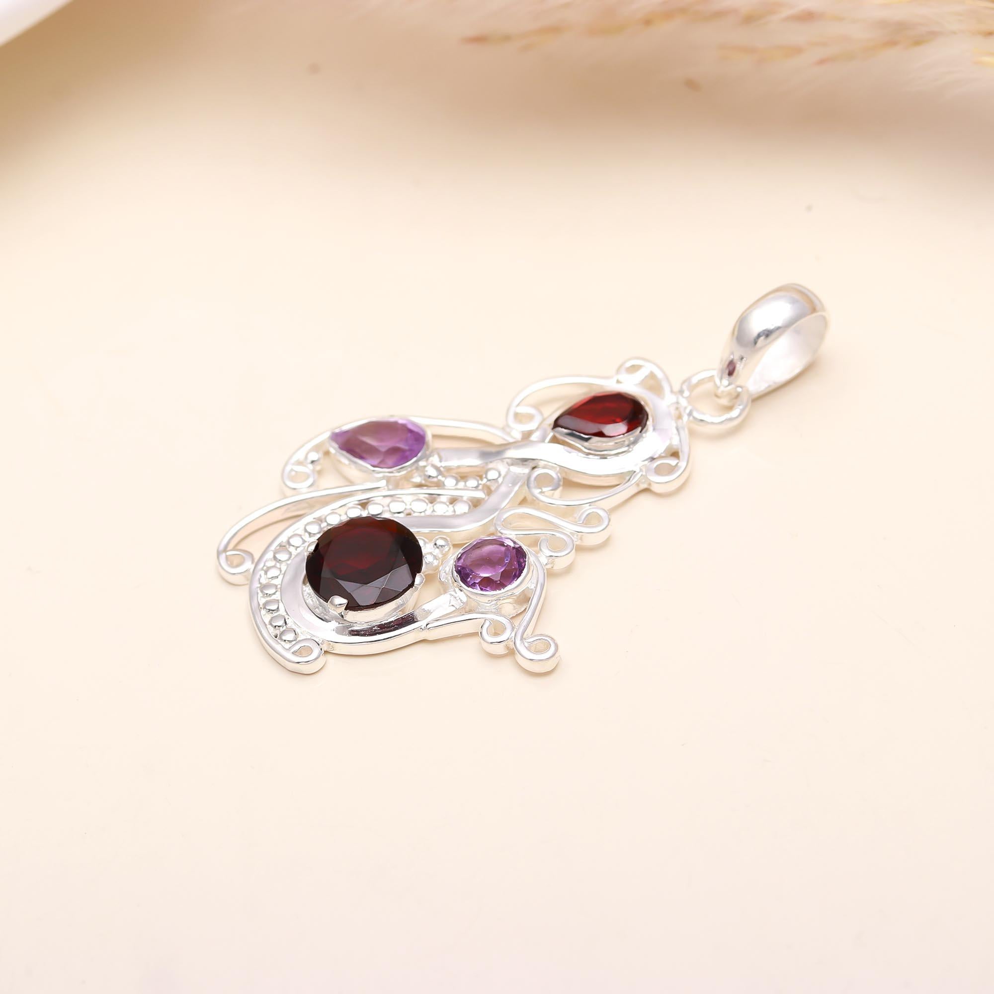 Natural Garnet & Amethyst Pendant in 925 Sterling Silver – Artistic Swirl Multi-Gemstone Necklace