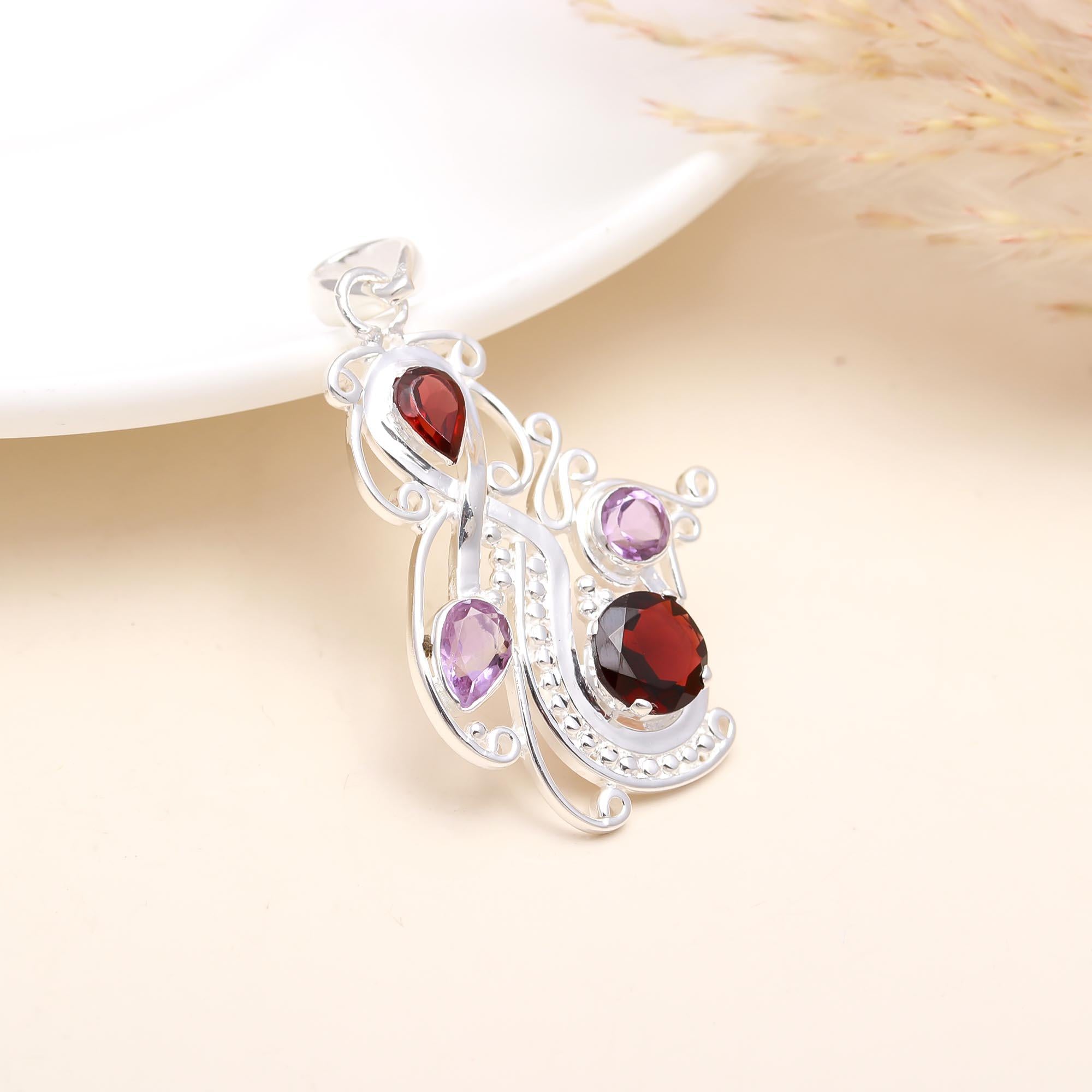 Natural Garnet & Amethyst Pendant in 925 Sterling Silver – Artistic Swirl Multi-Gemstone Necklace