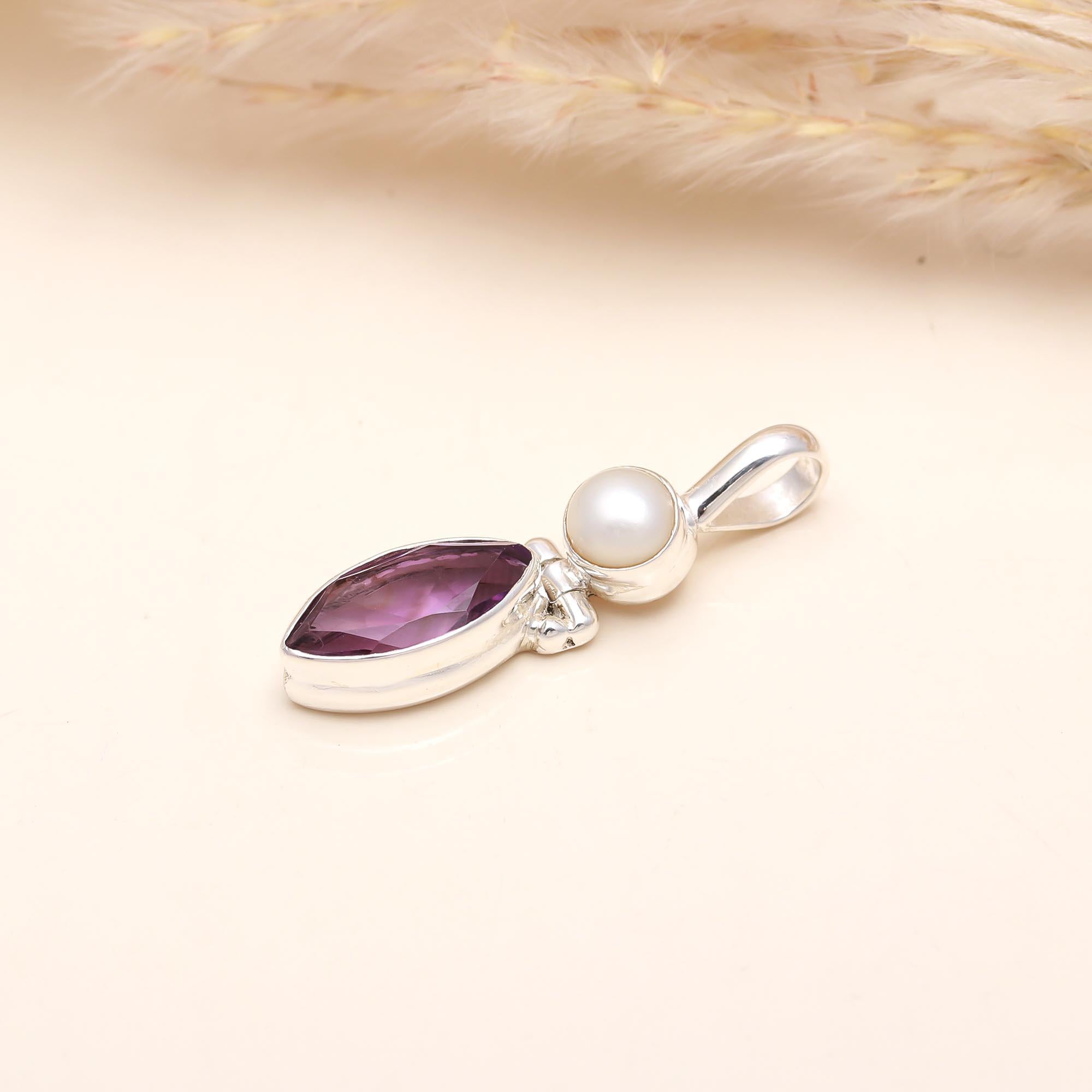 Natural Pearl & Amethyst Pendant in 925 Sterling Silver – Elegant Two-Stone Drop Necklace