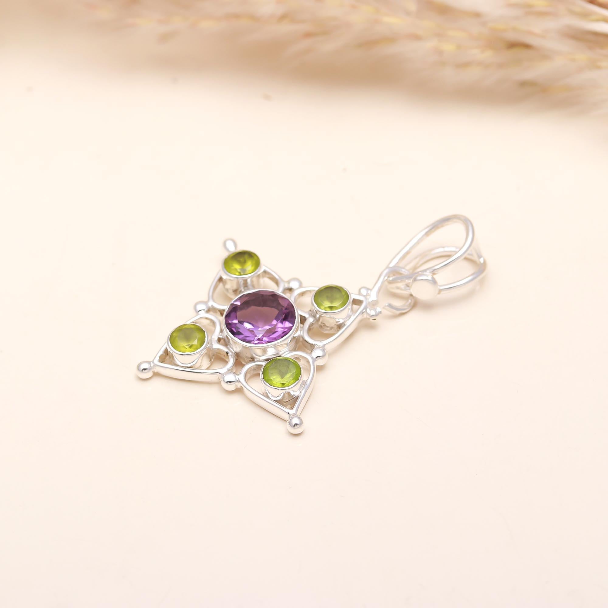 Natural Amethyst & Peridot Star Pendant in 925 Sterling Silver – Geometric Multi-Gemstone Necklace