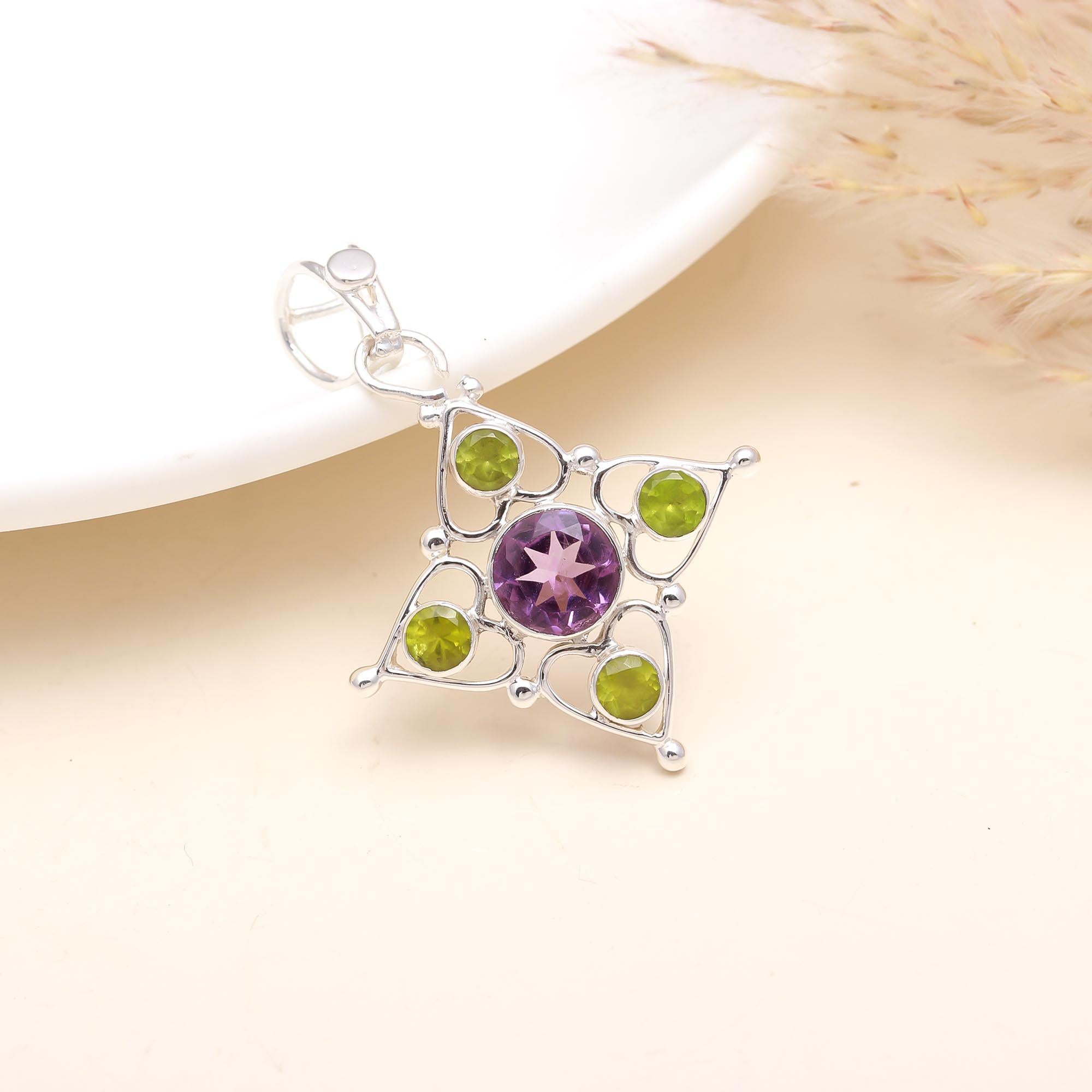 Natural Amethyst & Peridot Star Pendant in 925 Sterling Silver – Geometric Multi-Gemstone Necklace