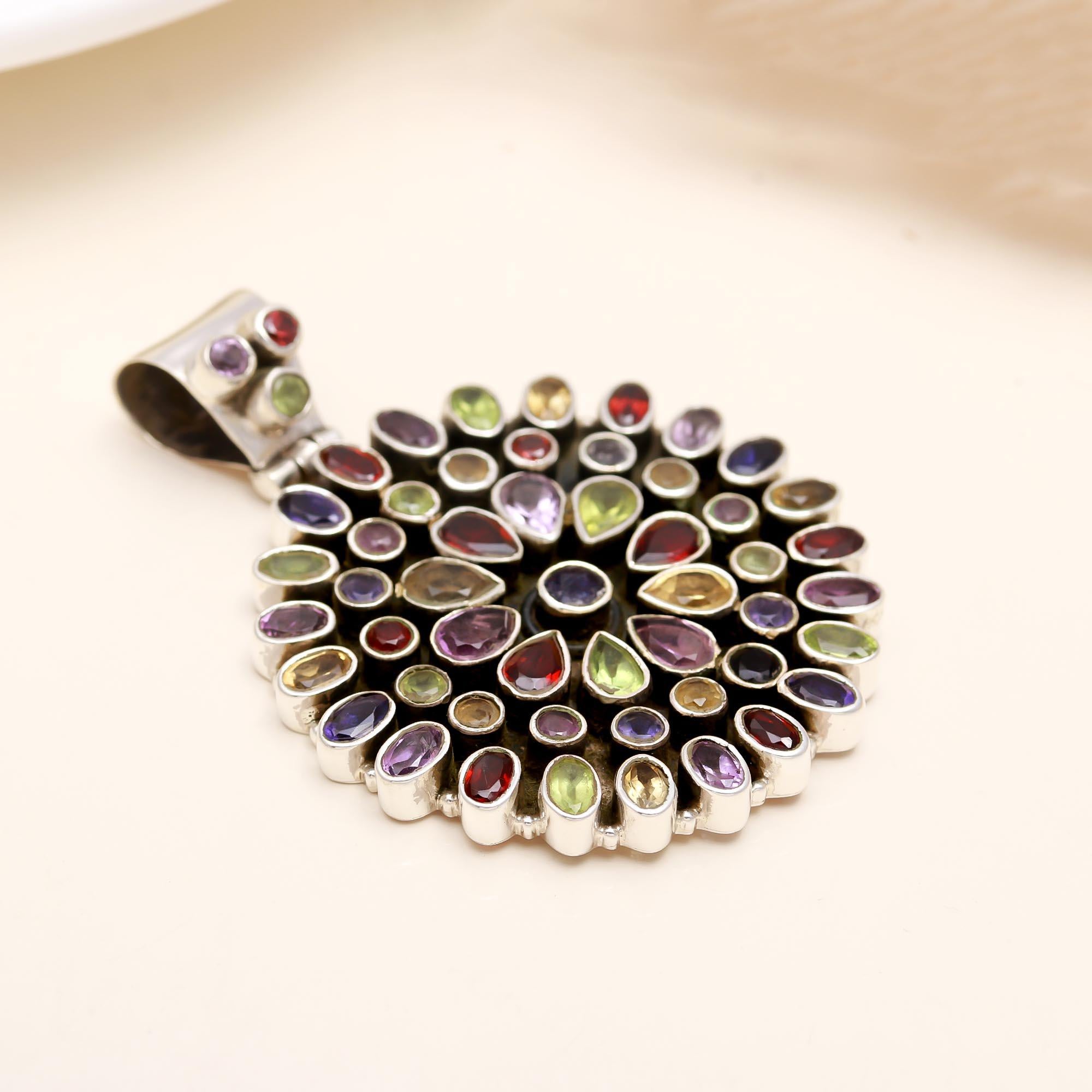 The Kaleidoscope Sunburst: Multi-Gemstone Sterling Silver Pendant