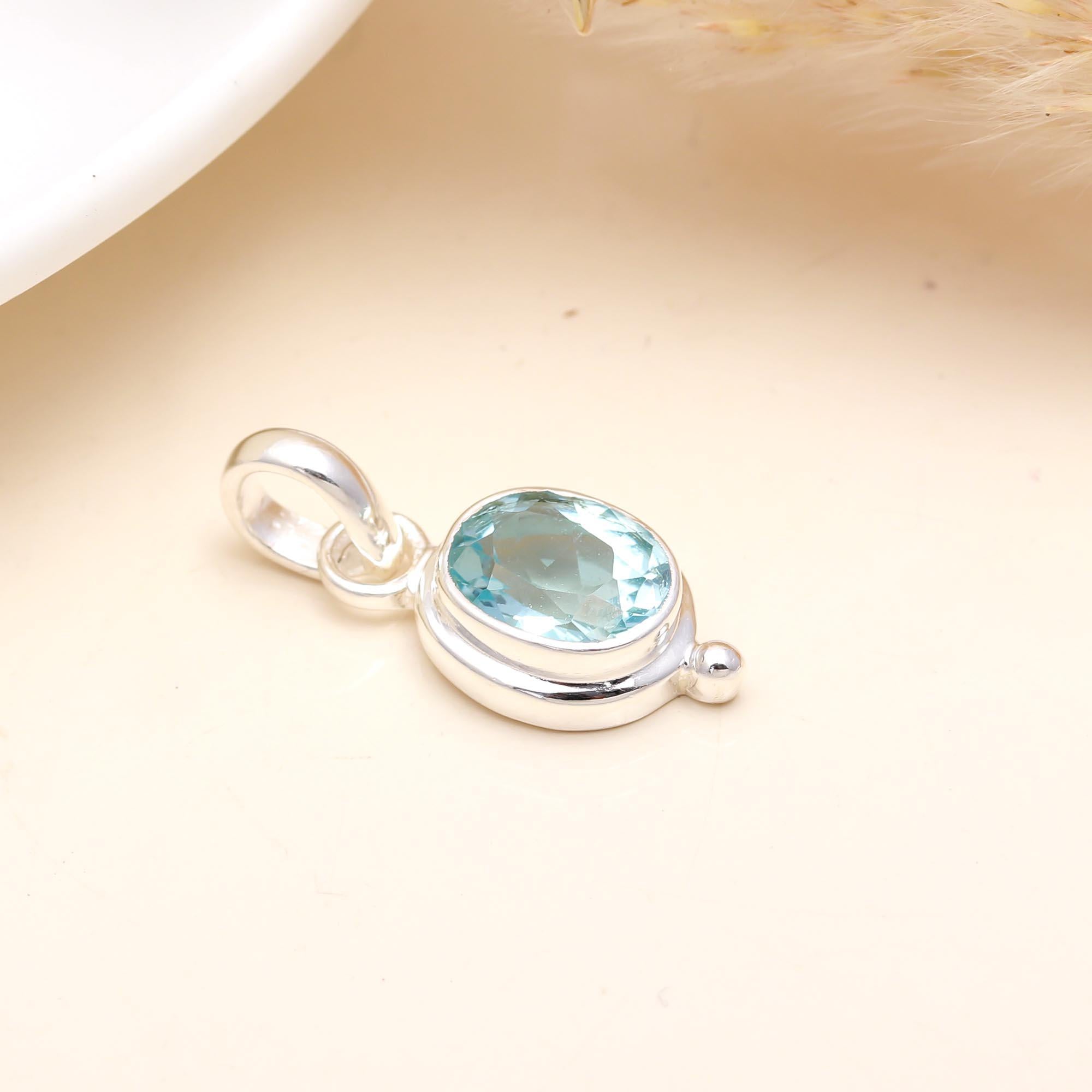 Blue Topaz Oval Shaped Sterling Silver Gemstone Pendant