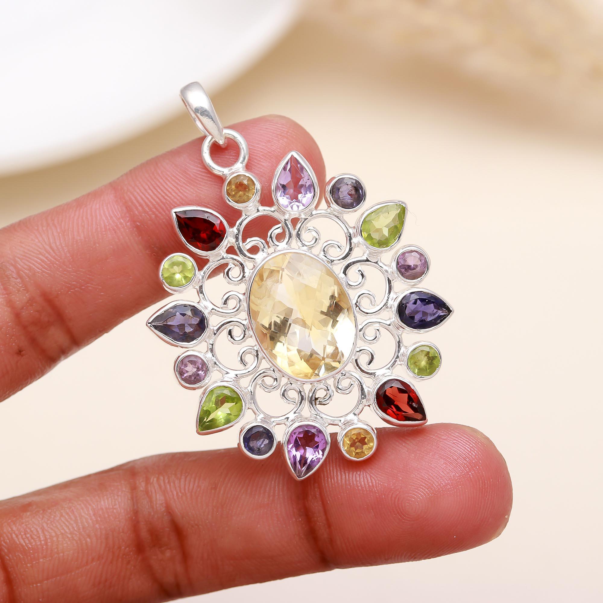 Lemon Topaz & Multicolour Gemstone Pendant Sterling Silver
