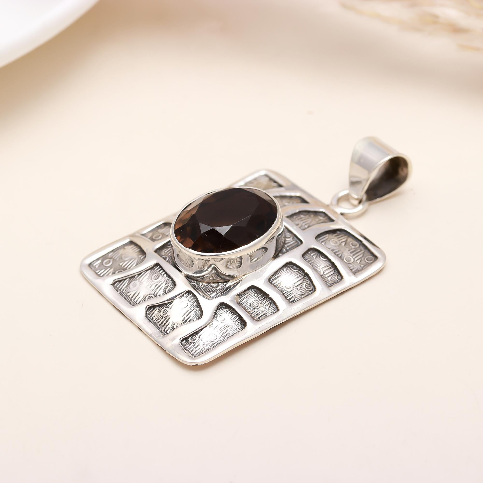 Natural Smoky Quartz Rectangular Pendant in 925 Sterling Silver – Textured Boho Necklace Charm