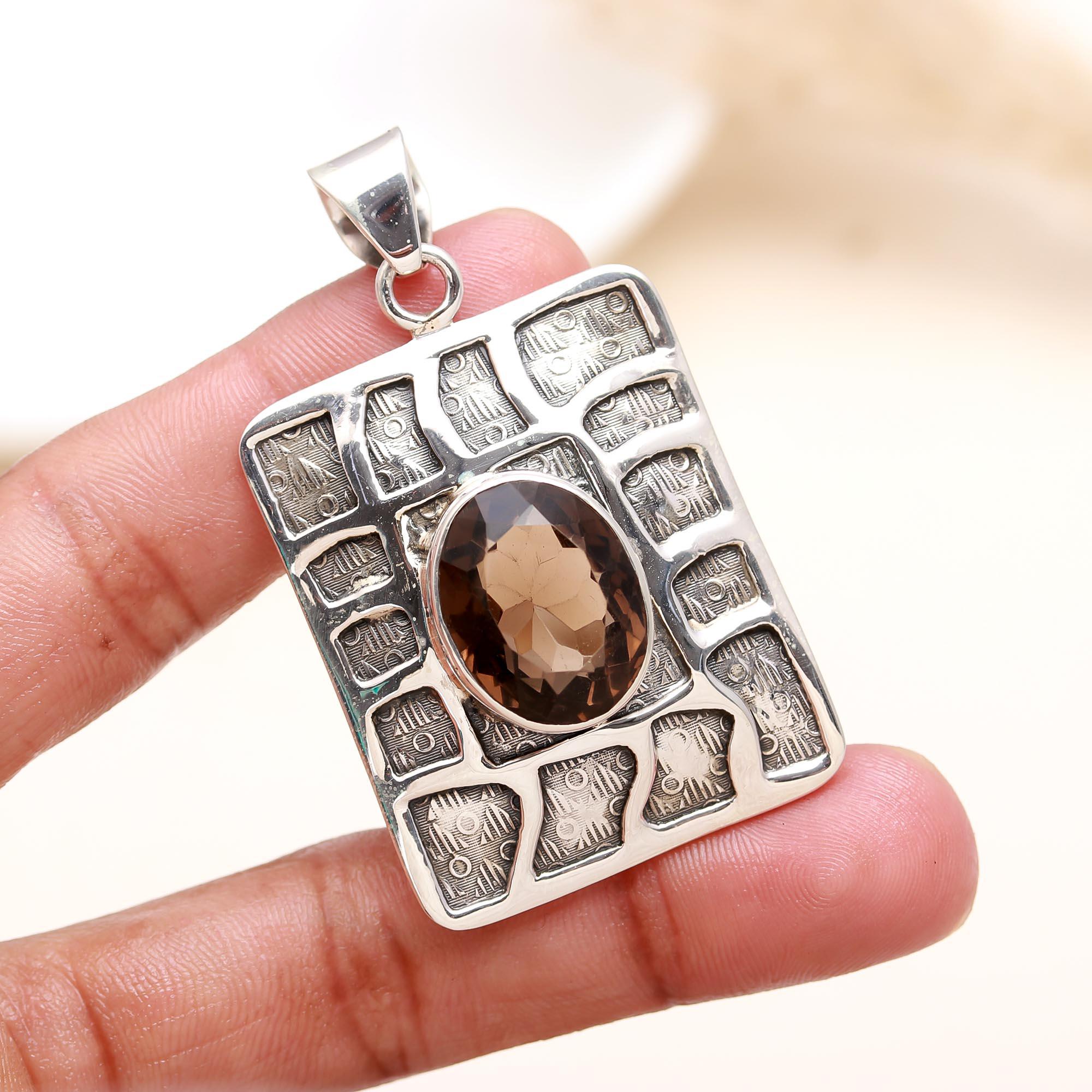 The Earthy Tablet: Textured Smoky Quartz Rectangular Pendant