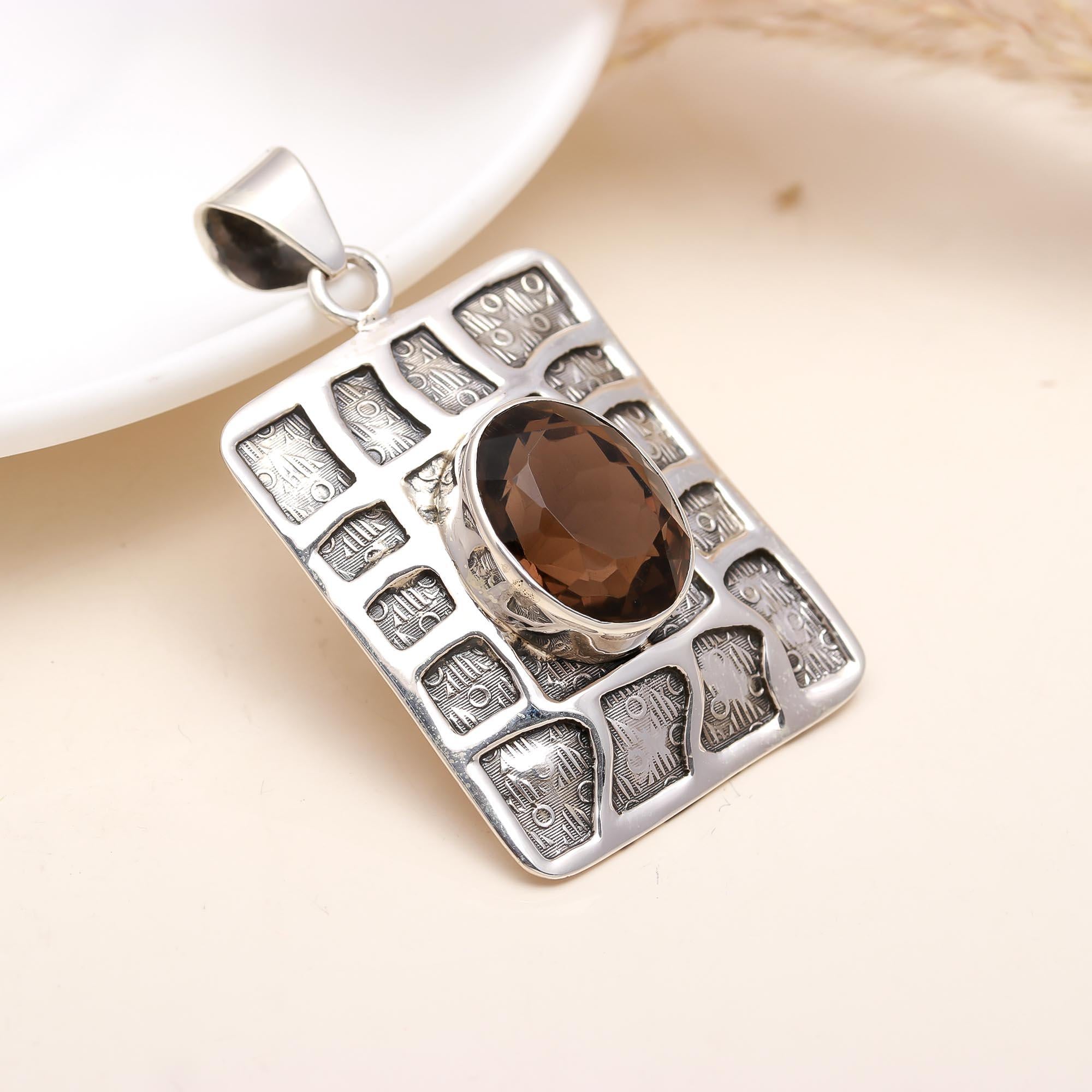 Natural Smoky Quartz Rectangular Pendant in 925 Sterling Silver – Textured Boho Necklace Charm