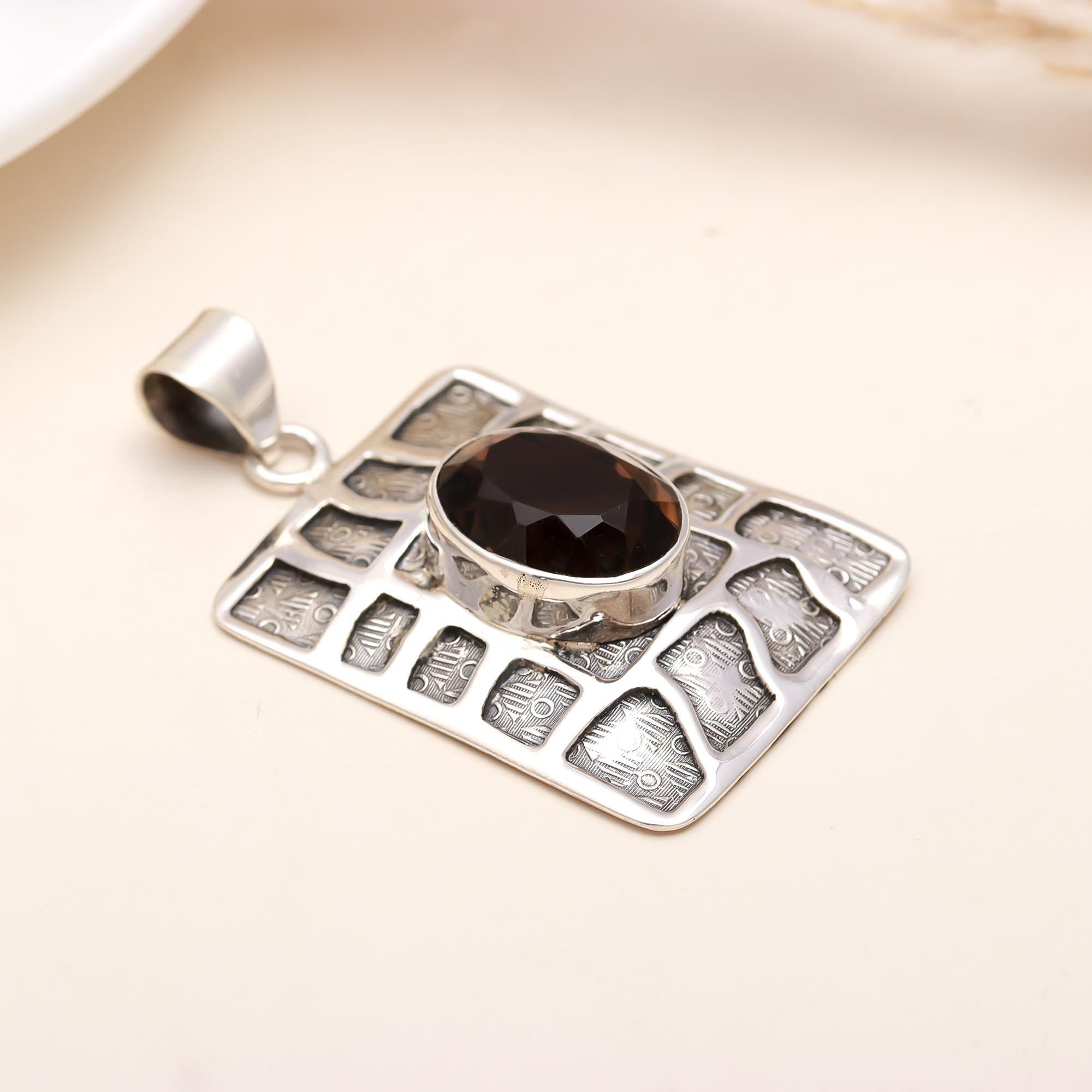 The Earthy Tablet: Textured Smoky Quartz Rectangular Pendant