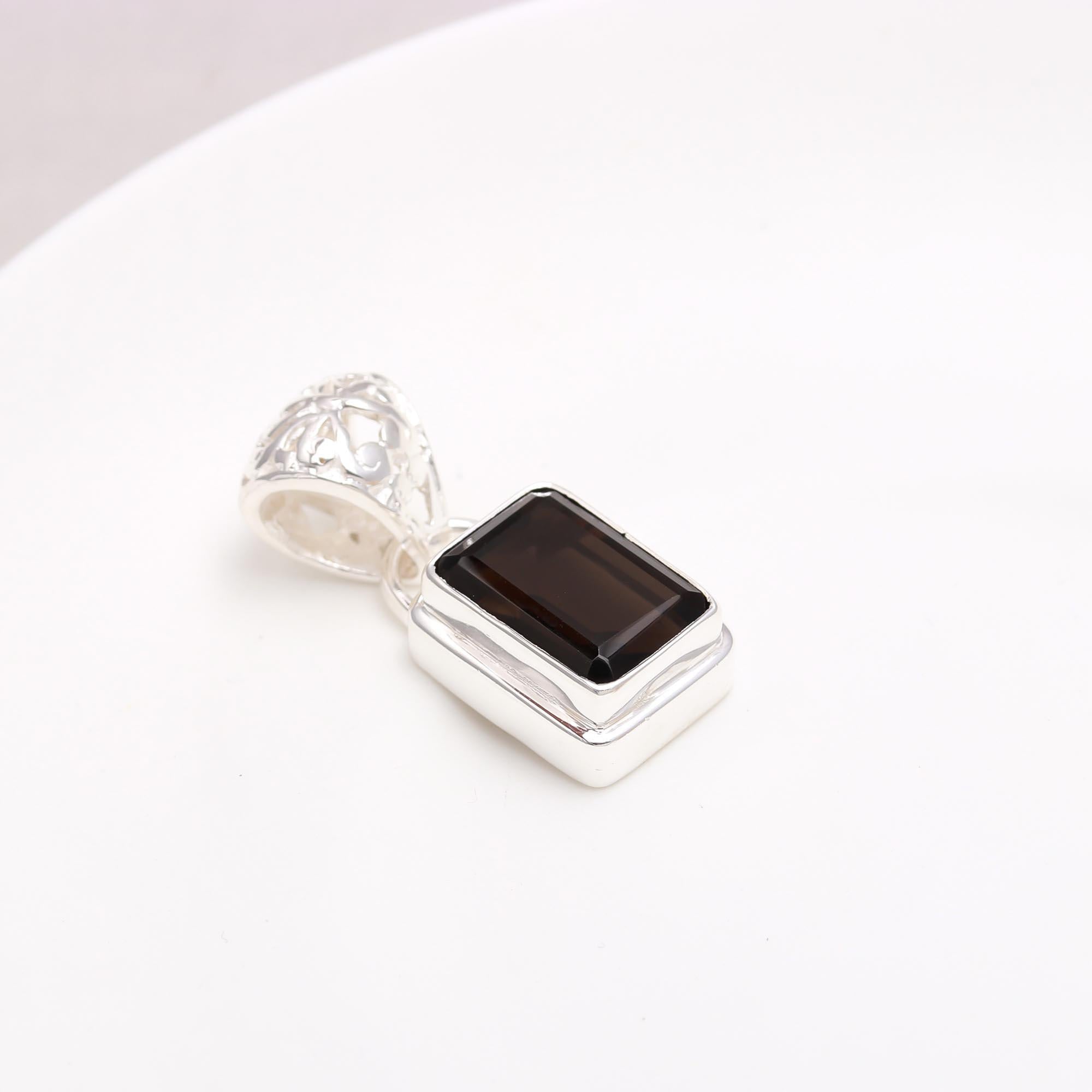 Emerald Cut Smokey Quartz Silver Pendant