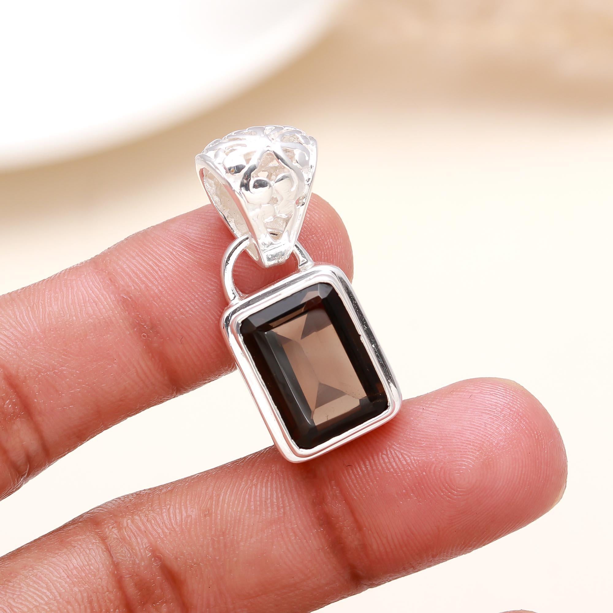 Emerald Cut Smokey Quartz Silver Pendant