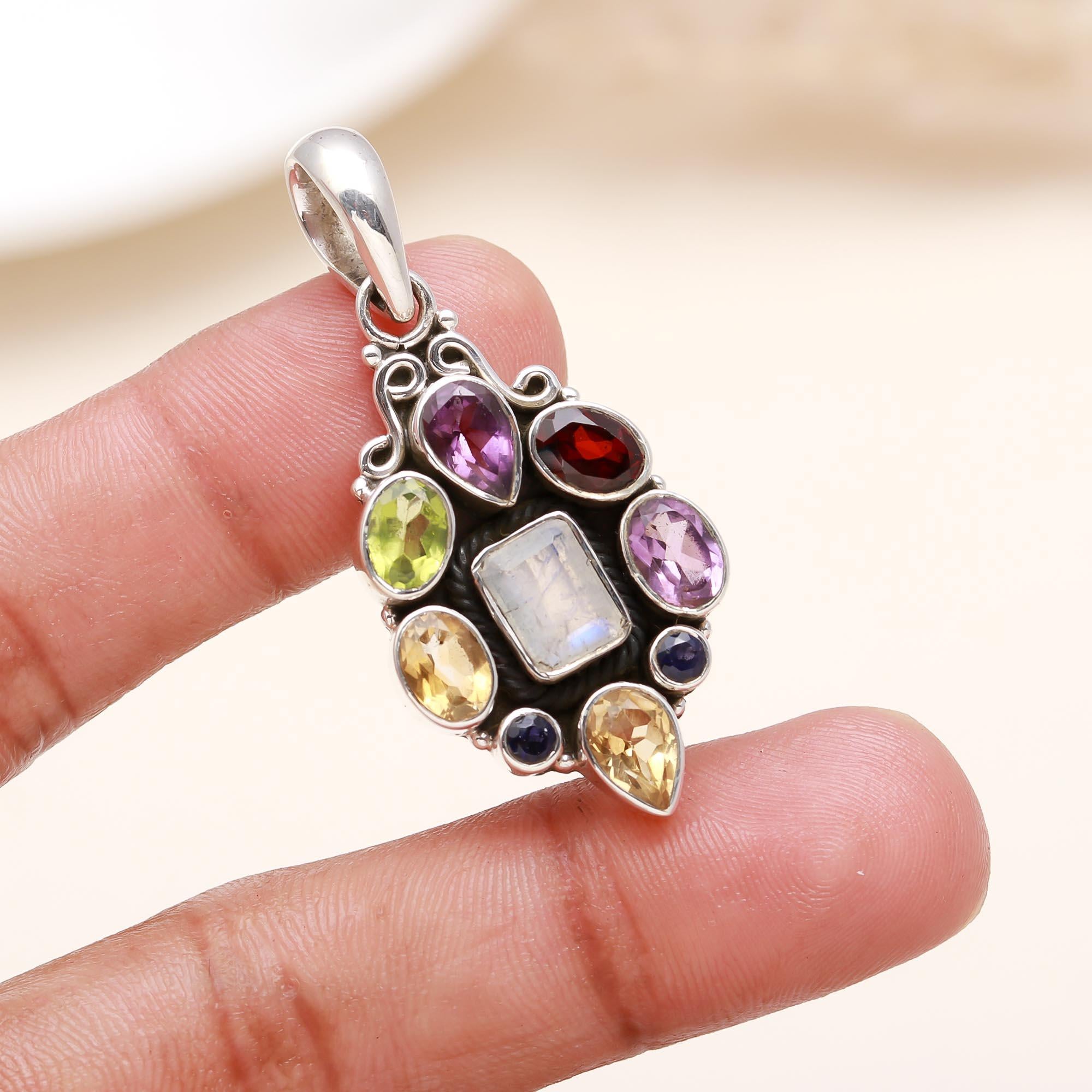 The Harmony Mosaic: Multi-Gemstone Rainbow Moonstone Pendant