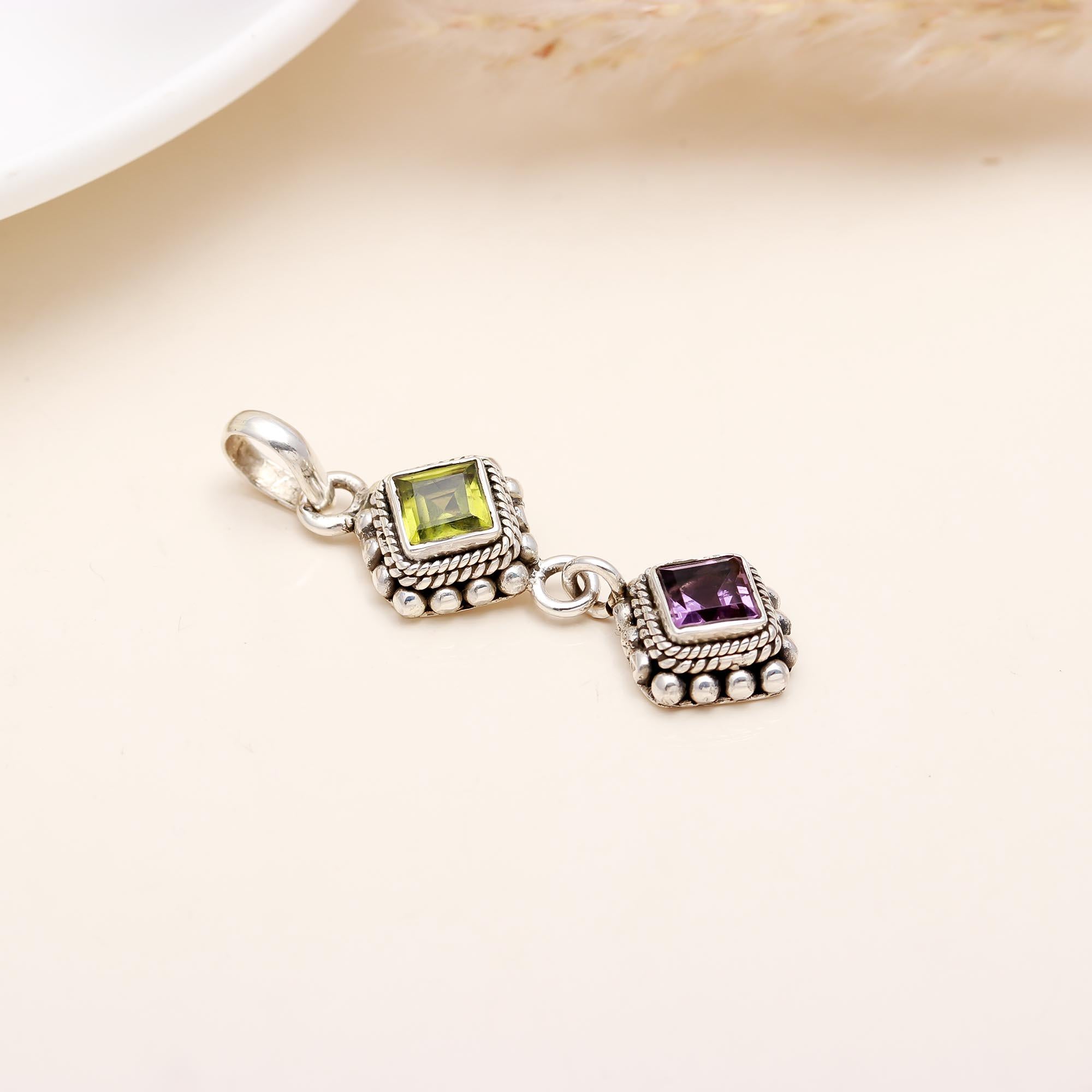 The Duo Harmony: Peridot & Amethyst Geometric Pendant