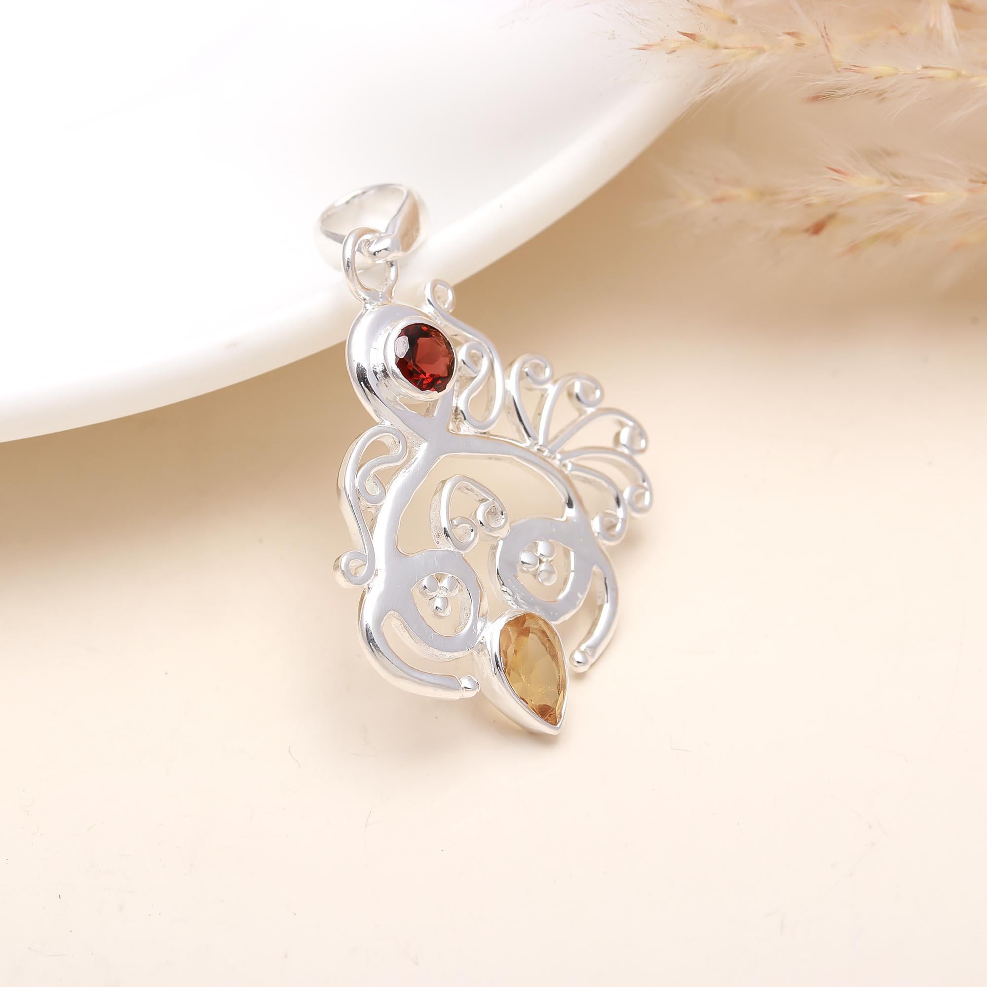 The Artistic Swirl: Garnet & Citrine Sterling Silver Pendant