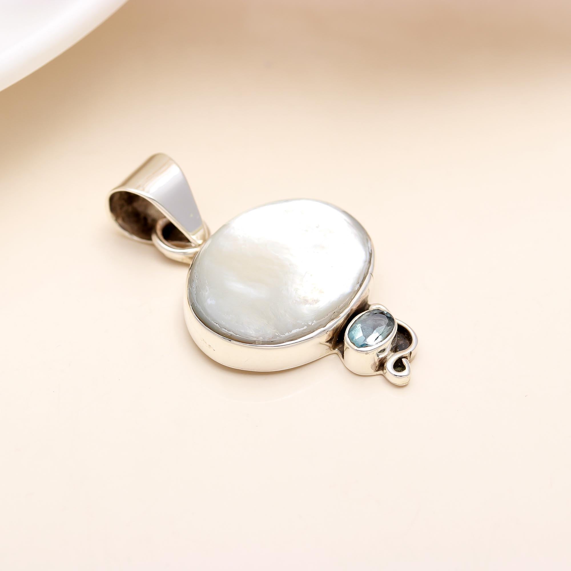 The Coastal Classic: Sterling Silver Pearl & Blue Topaz Pendant