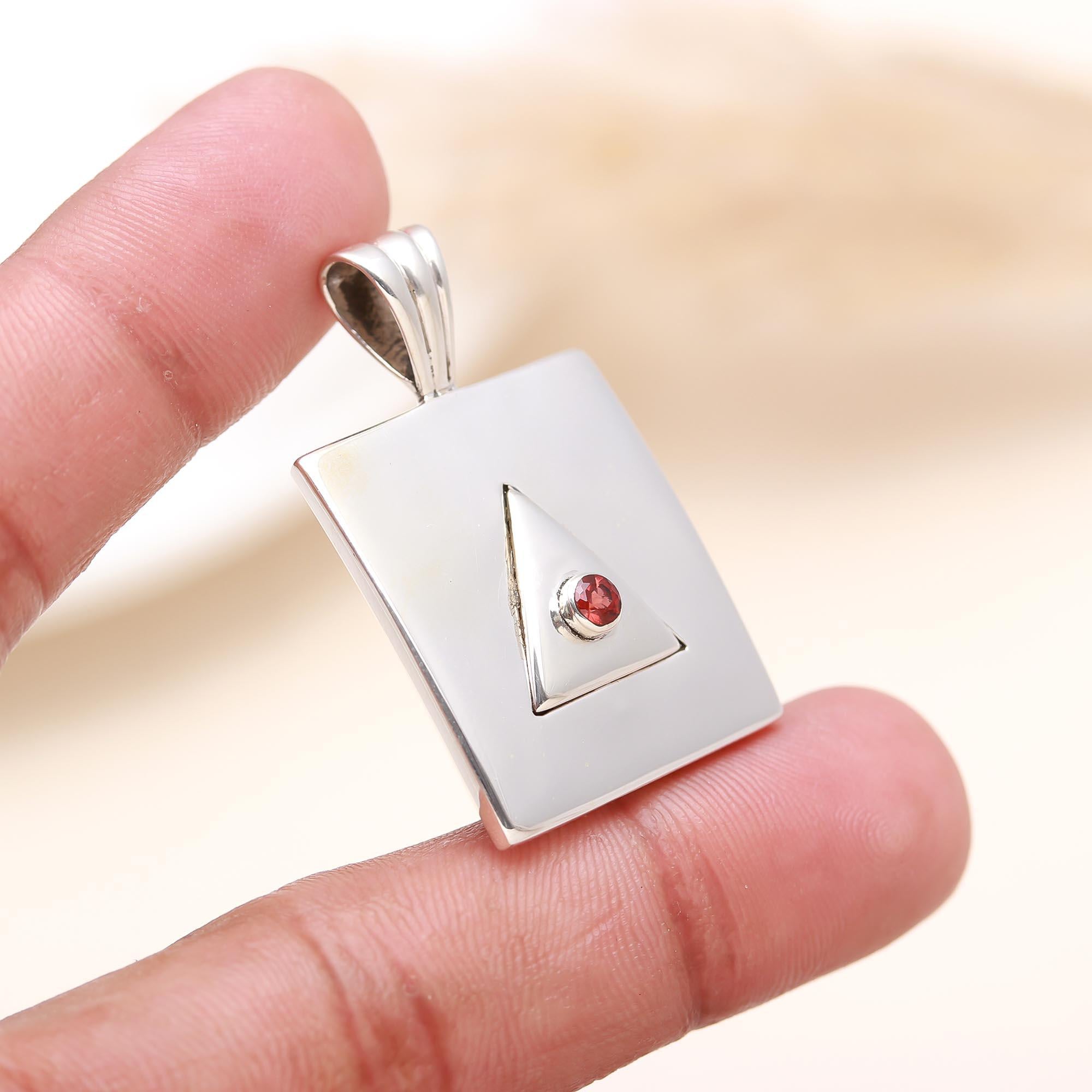 The Crimson Vertex: Modern Silver Square & Garnet Pendant