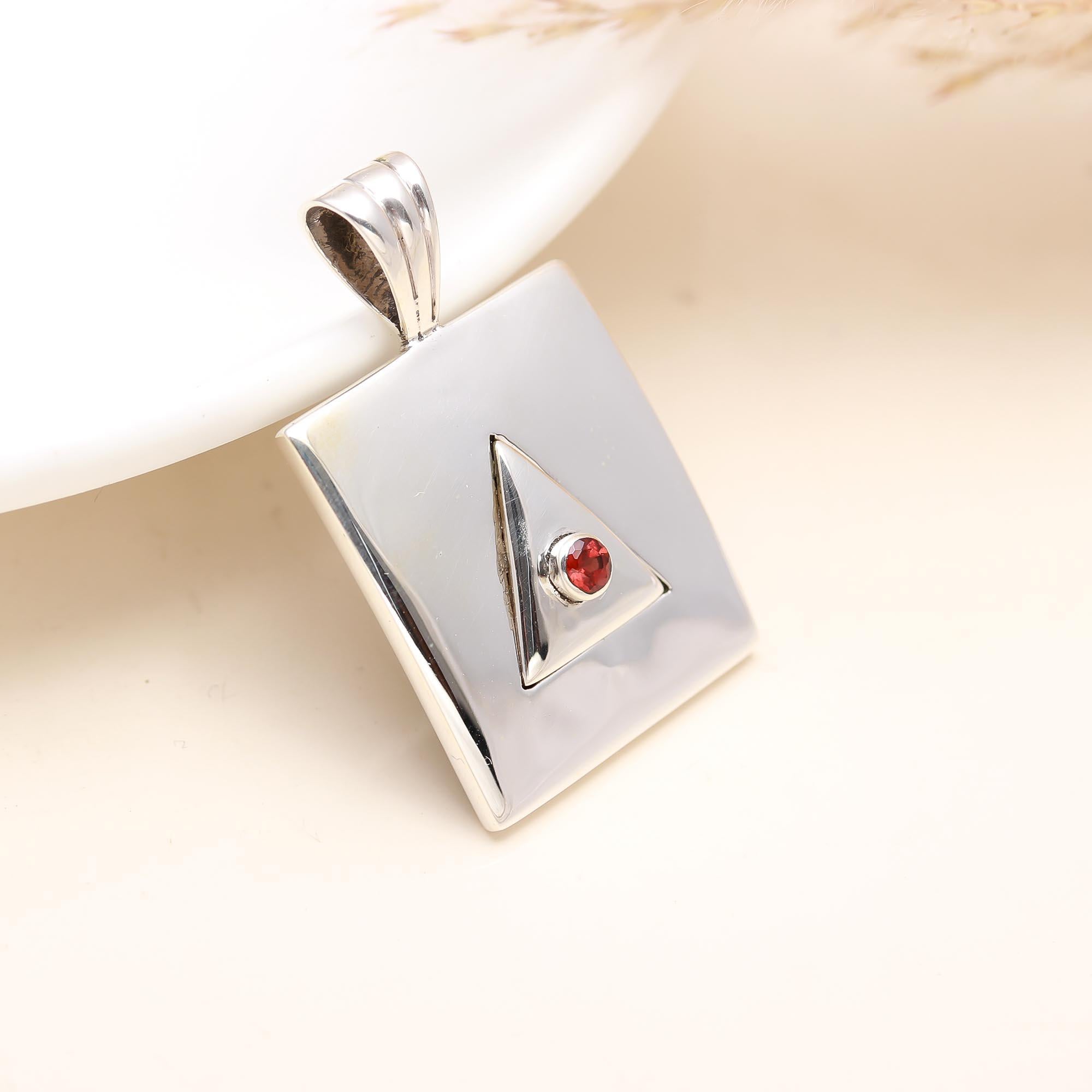 The Crimson Vertex: Modern Silver Square & Garnet Pendant