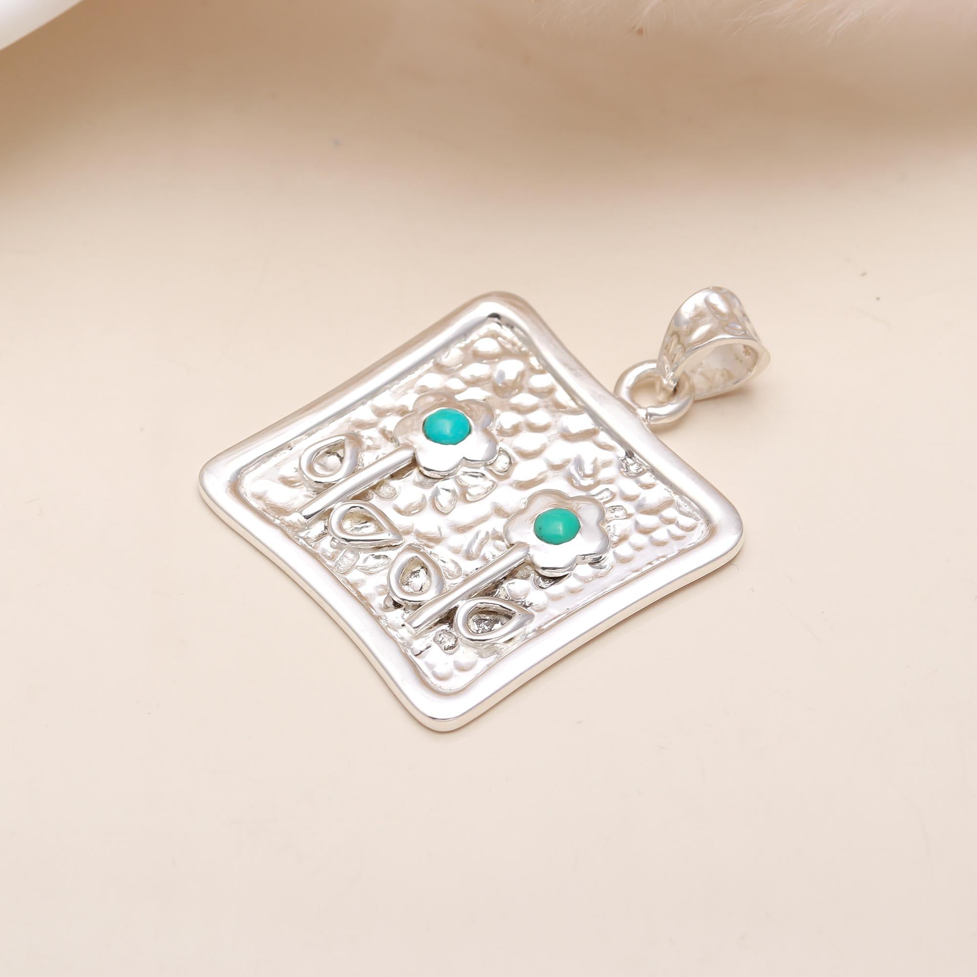 The Garden Square: Textured Silver & Turquoise Flower Pendant