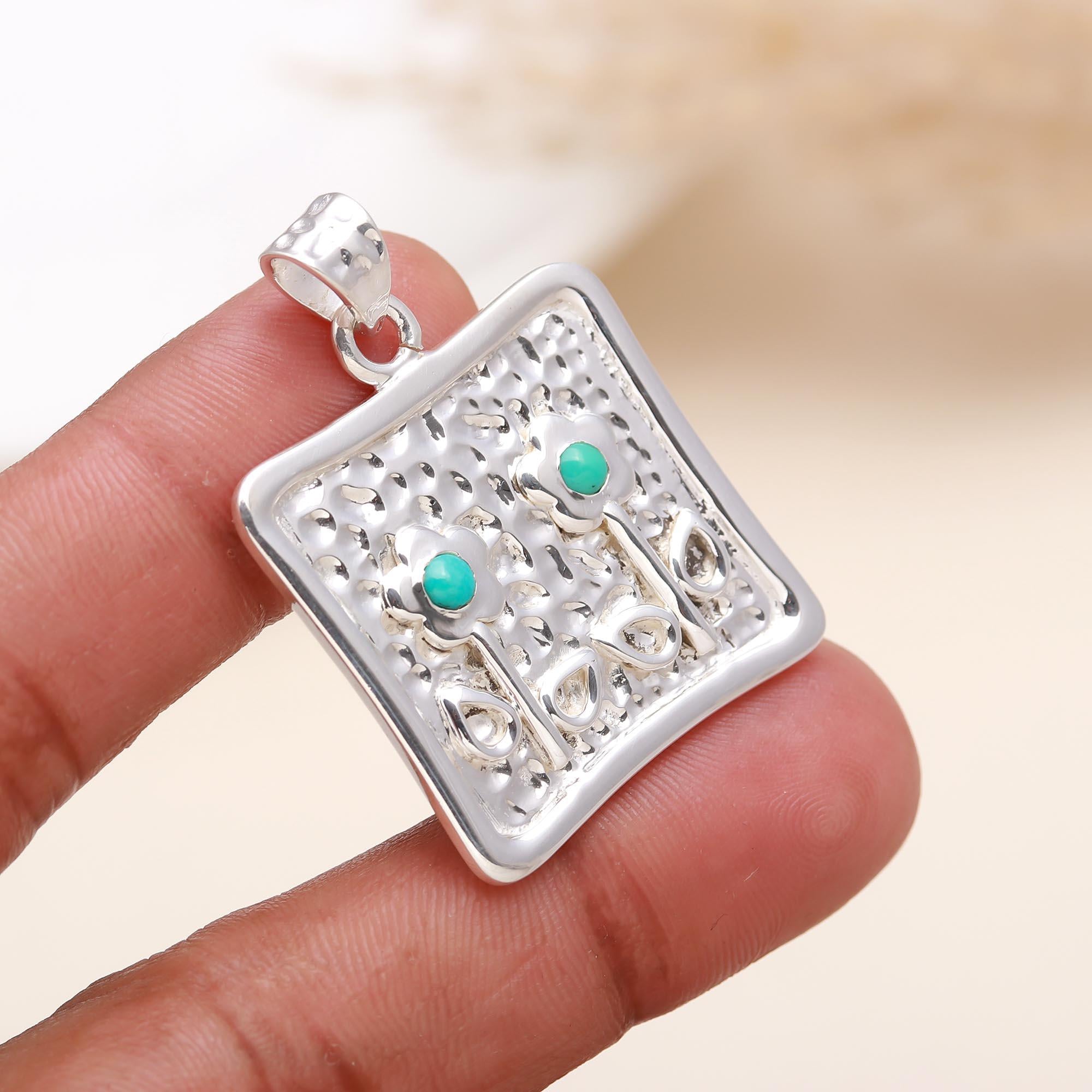 The Garden Square: Textured Silver & Turquoise Flower Pendant
