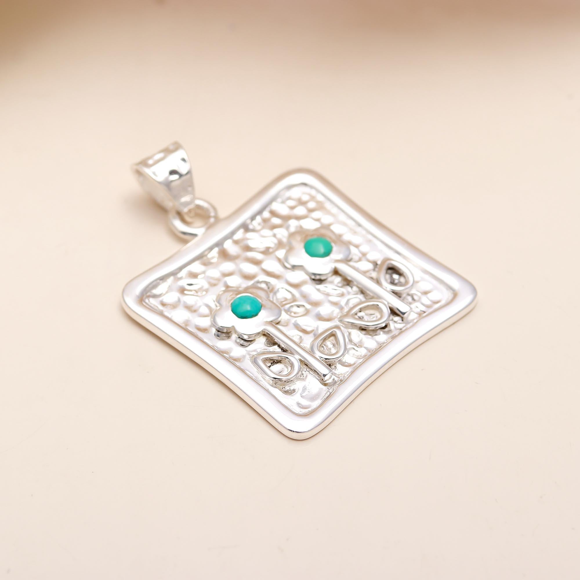 The Garden Square: Textured Silver & Turquoise Flower Pendant