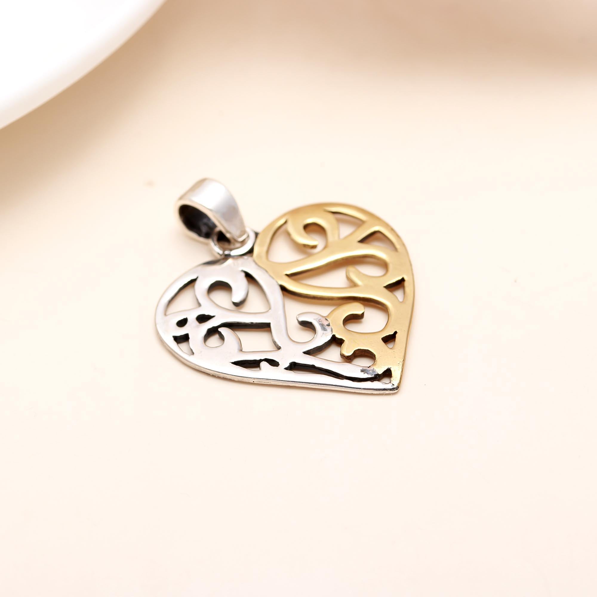 The Harmonious Heart: Two-Tone Filigree Scroll Pendant