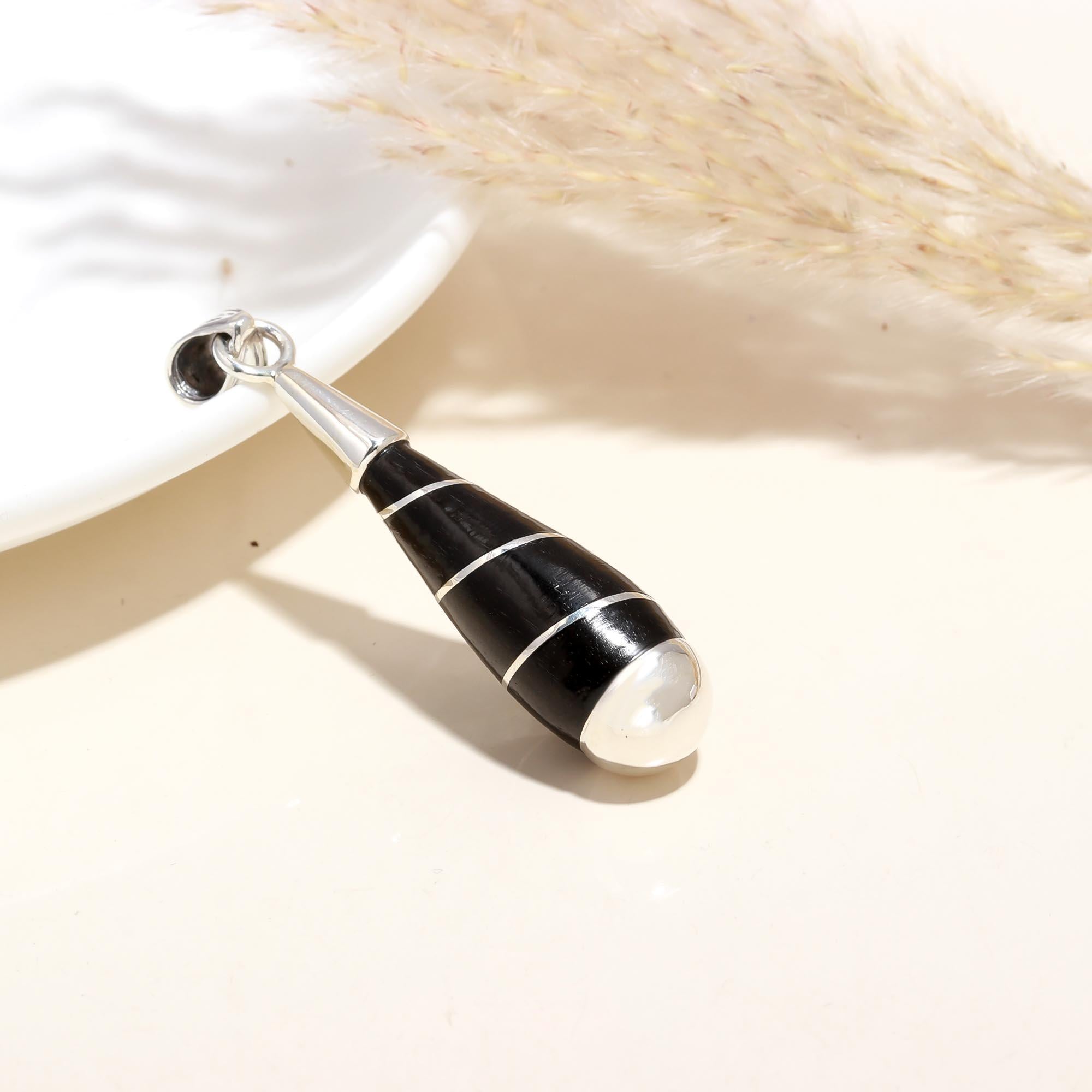 Black And White Strip Design Sterling Silver ebony Wood Pendant