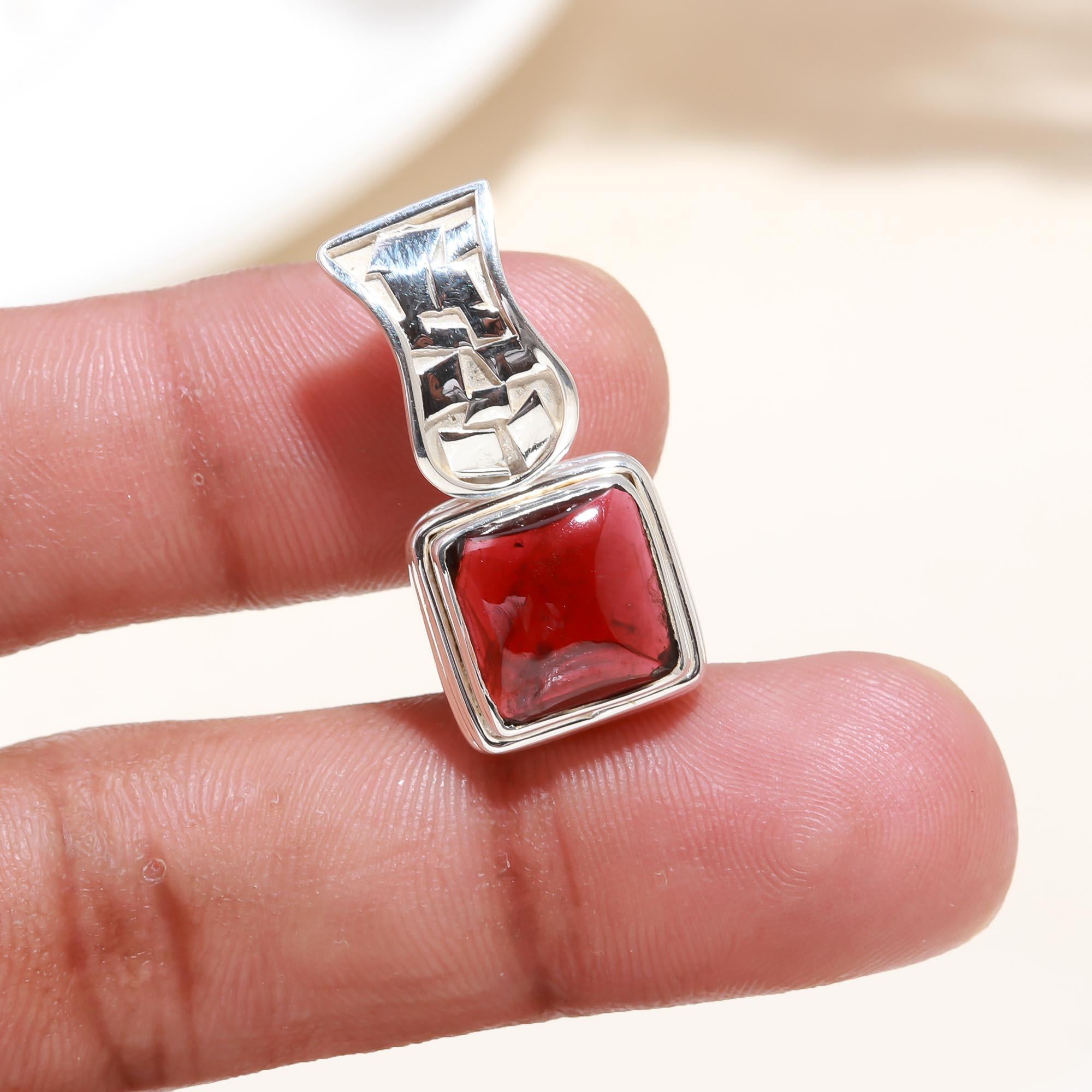The Geometric Crimson: Square Garnet Cabochon Pendant
