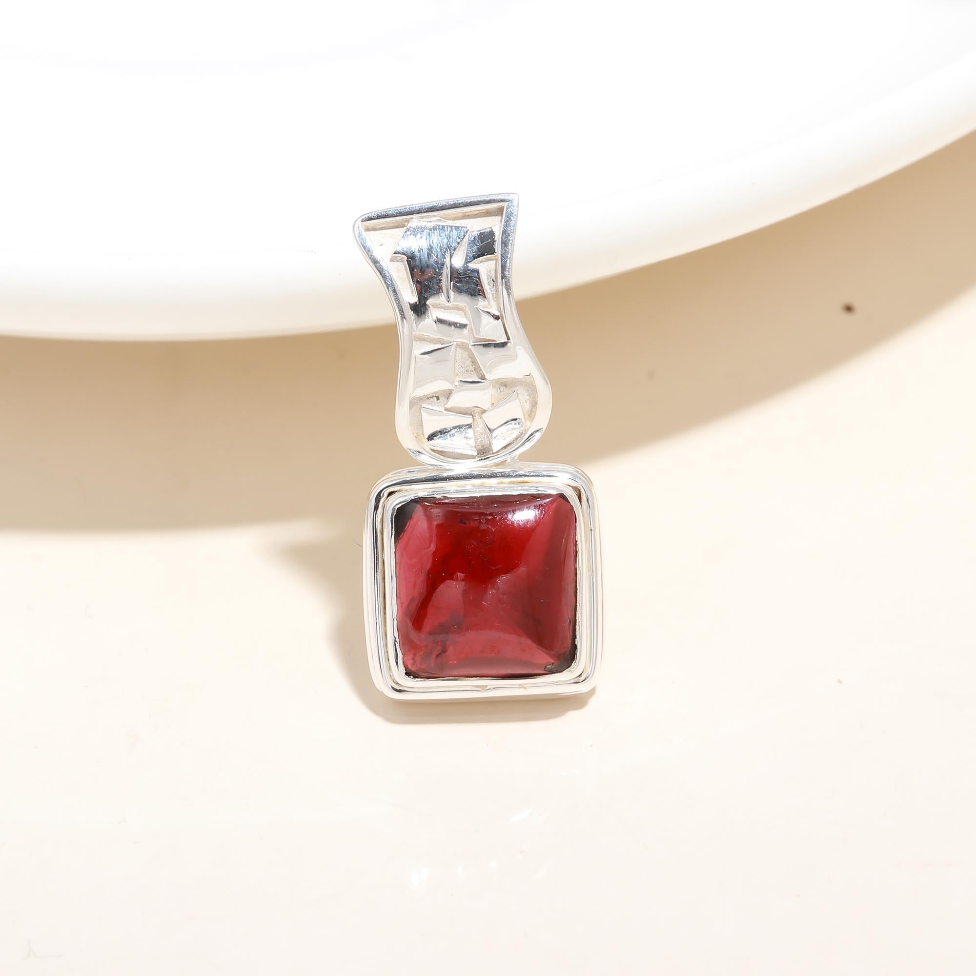 The Geometric Crimson: Square Garnet Cabochon Pendant