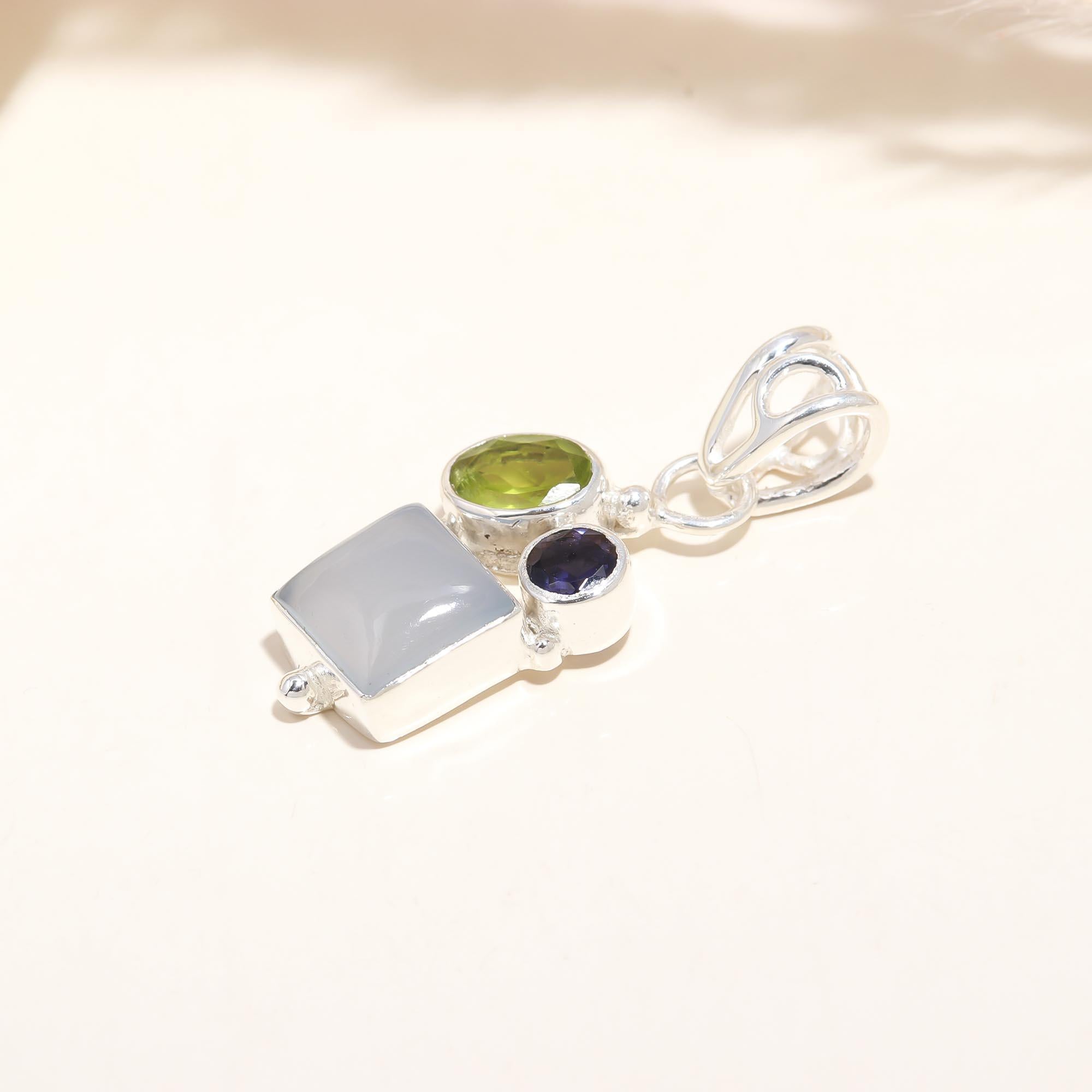 The Elemental Trio: Peridot, Iolite & Moonstone Cluster Pendant