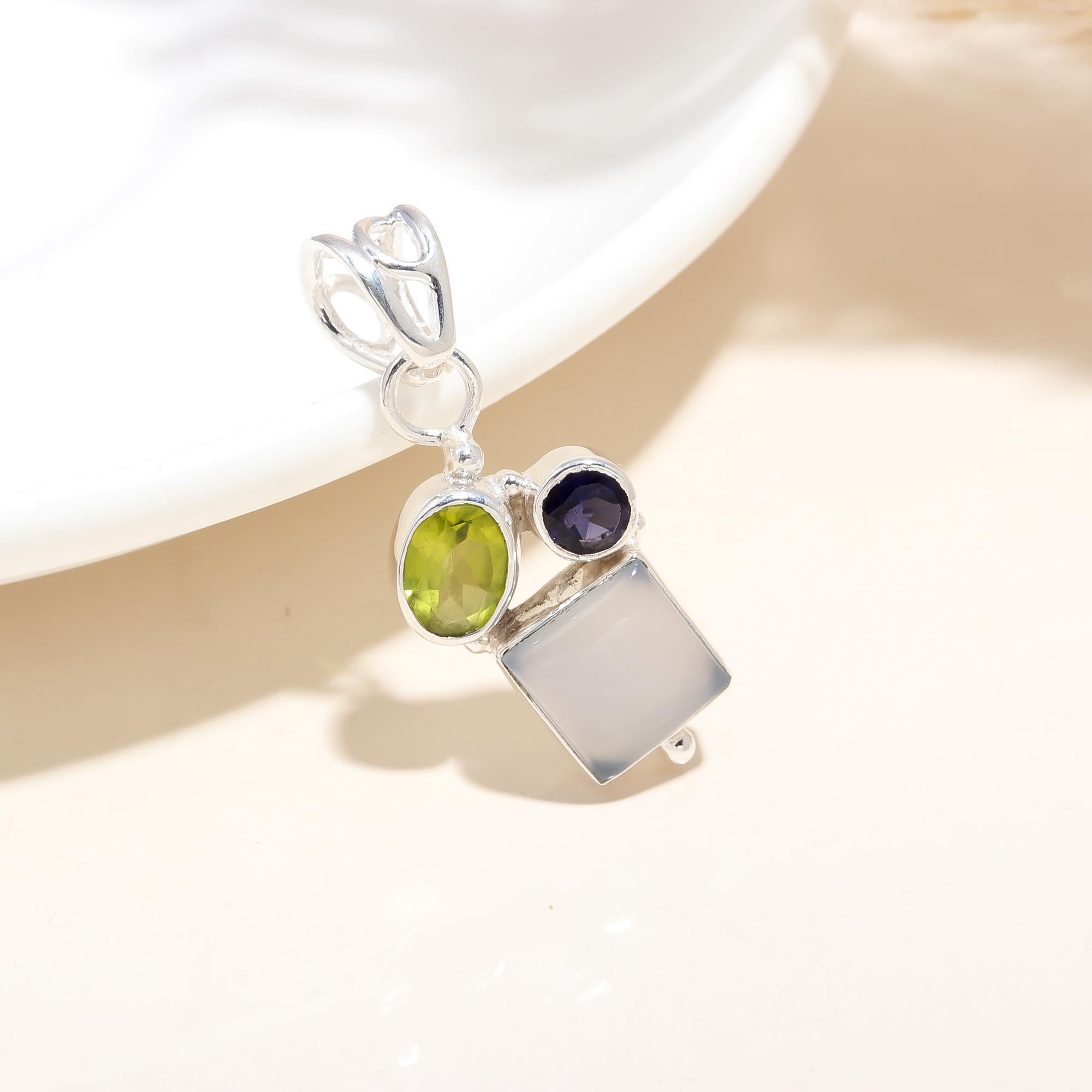 The Elemental Trio: Peridot, Iolite & Moonstone Cluster Pendant