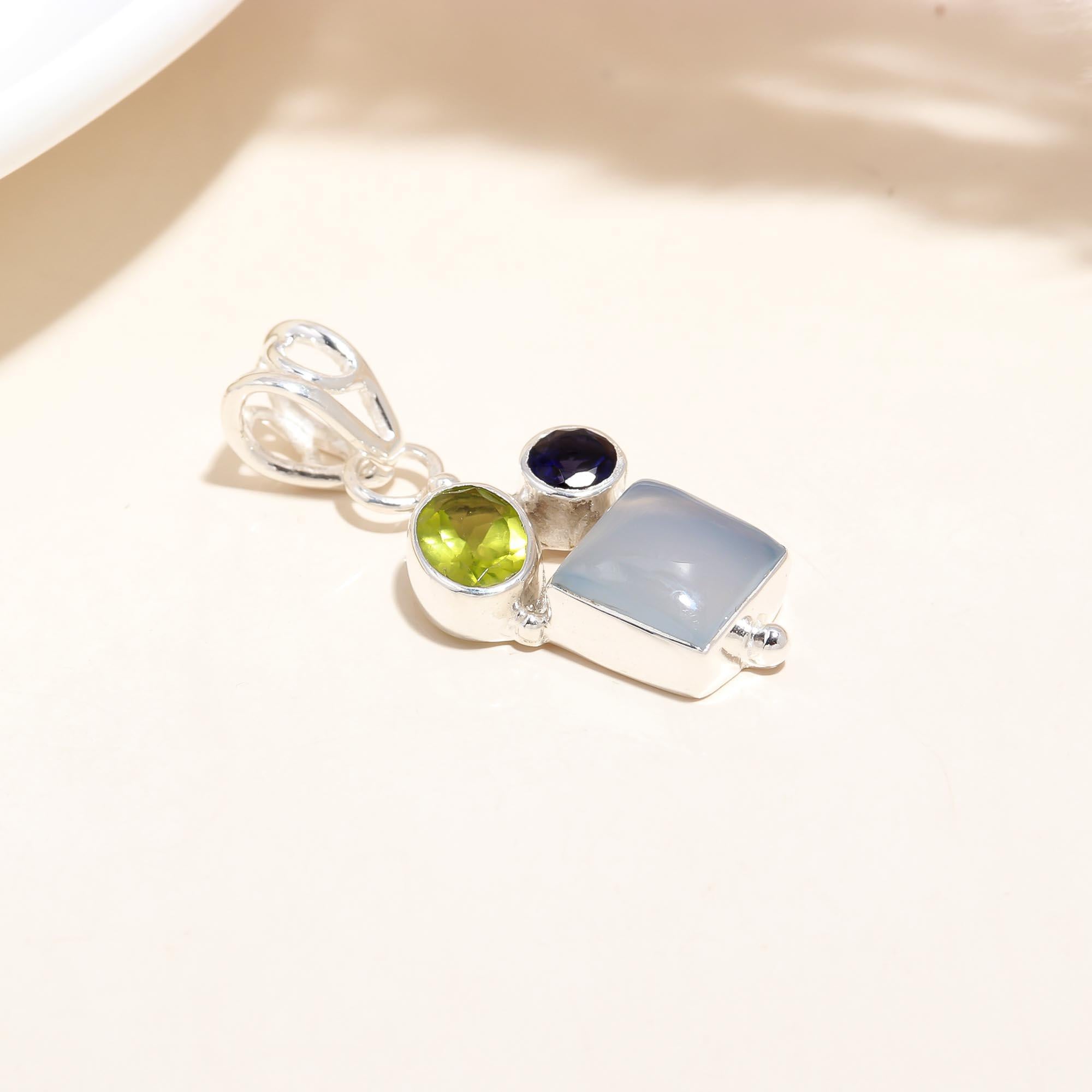 The Elemental Trio: Peridot, Iolite & Moonstone Cluster Pendant