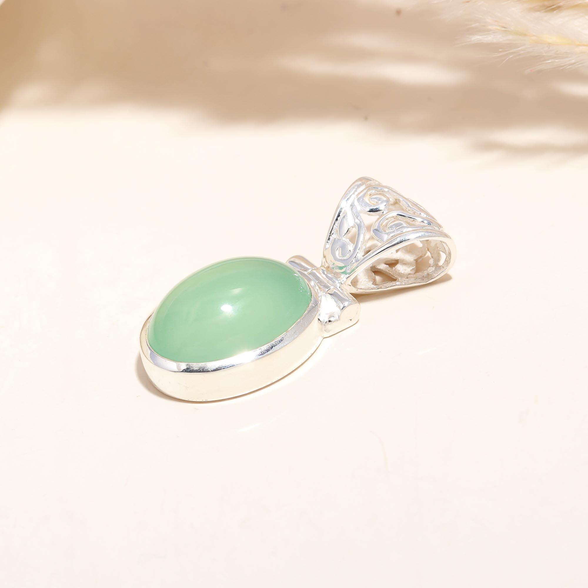 The Serene Seafoam: Green Chalcedony Filigree Pendant