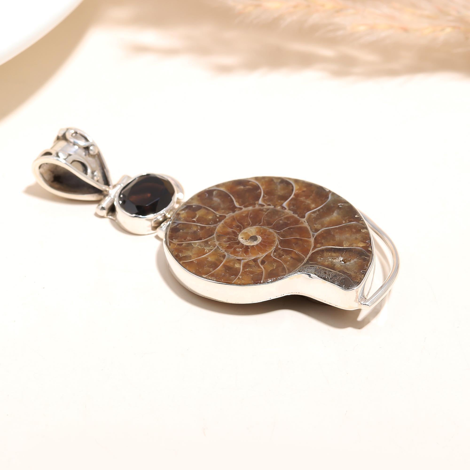 The Primordial Spiral: Sterling Silver Ammonite & Garnet Pendant