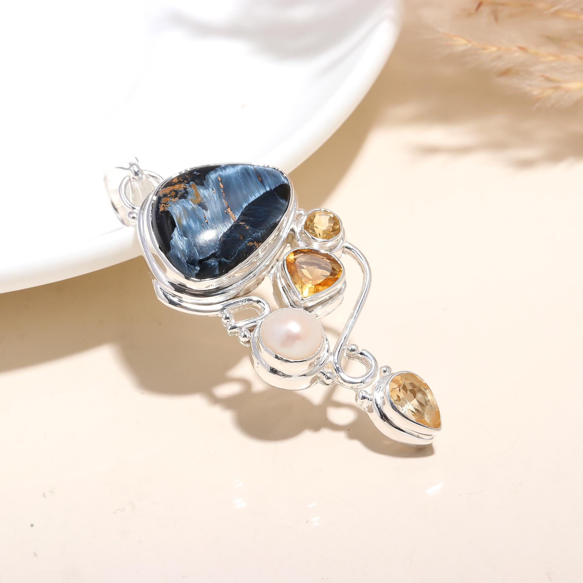 The Pietersite Storm: Pietersite & Pearl Asymmetrical Pendant