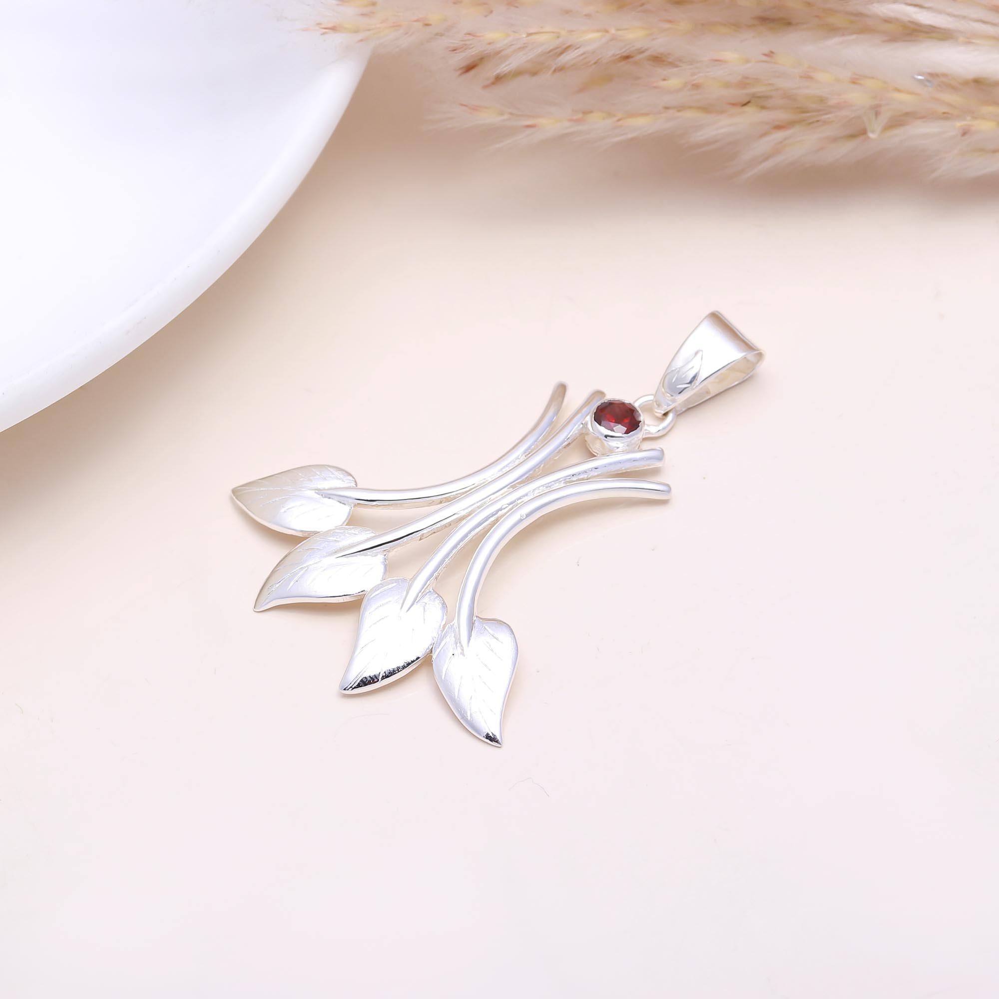 The Winter Berry: Silver Leaf & Garnet Pendant