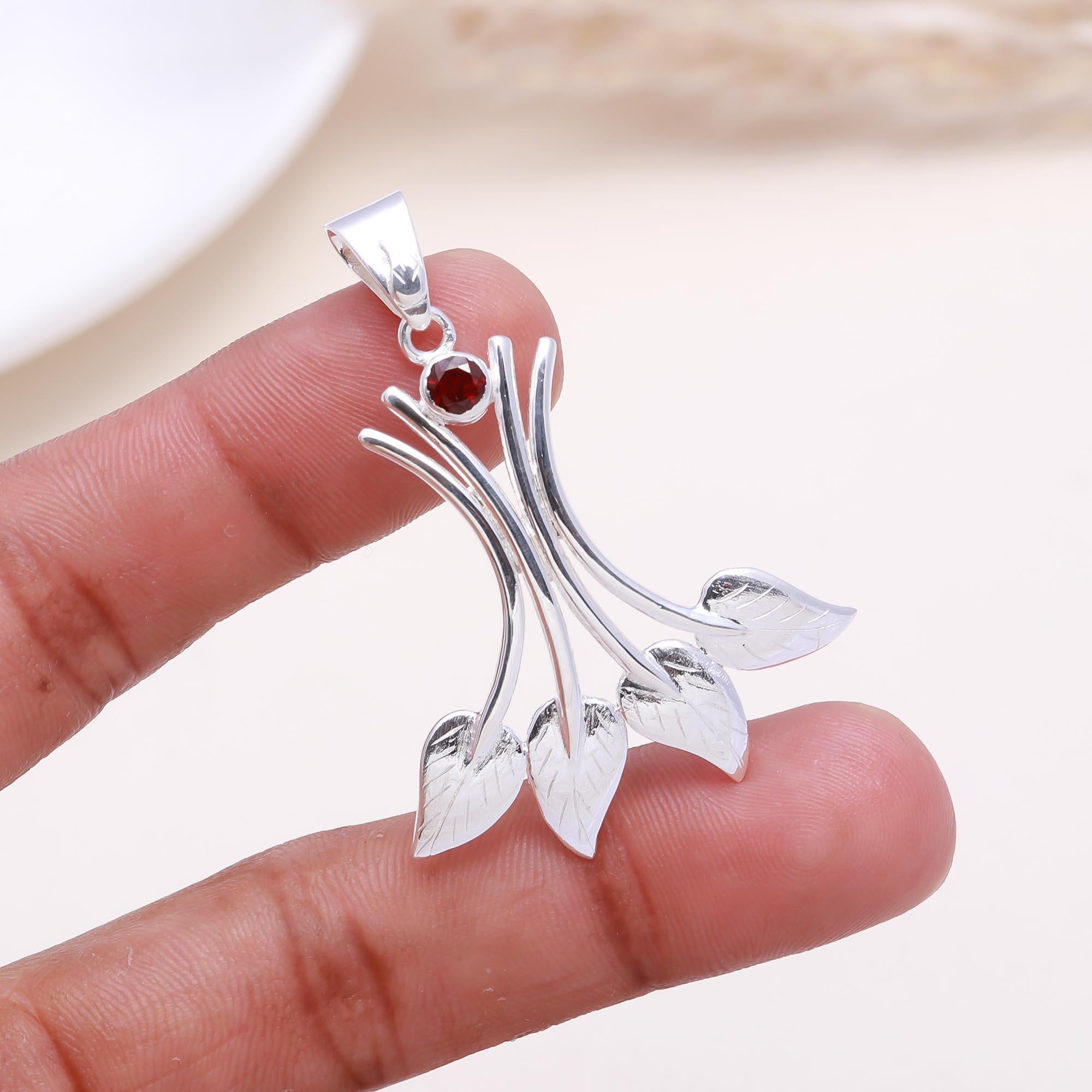 The Winter Berry: Silver Leaf & Garnet Pendant