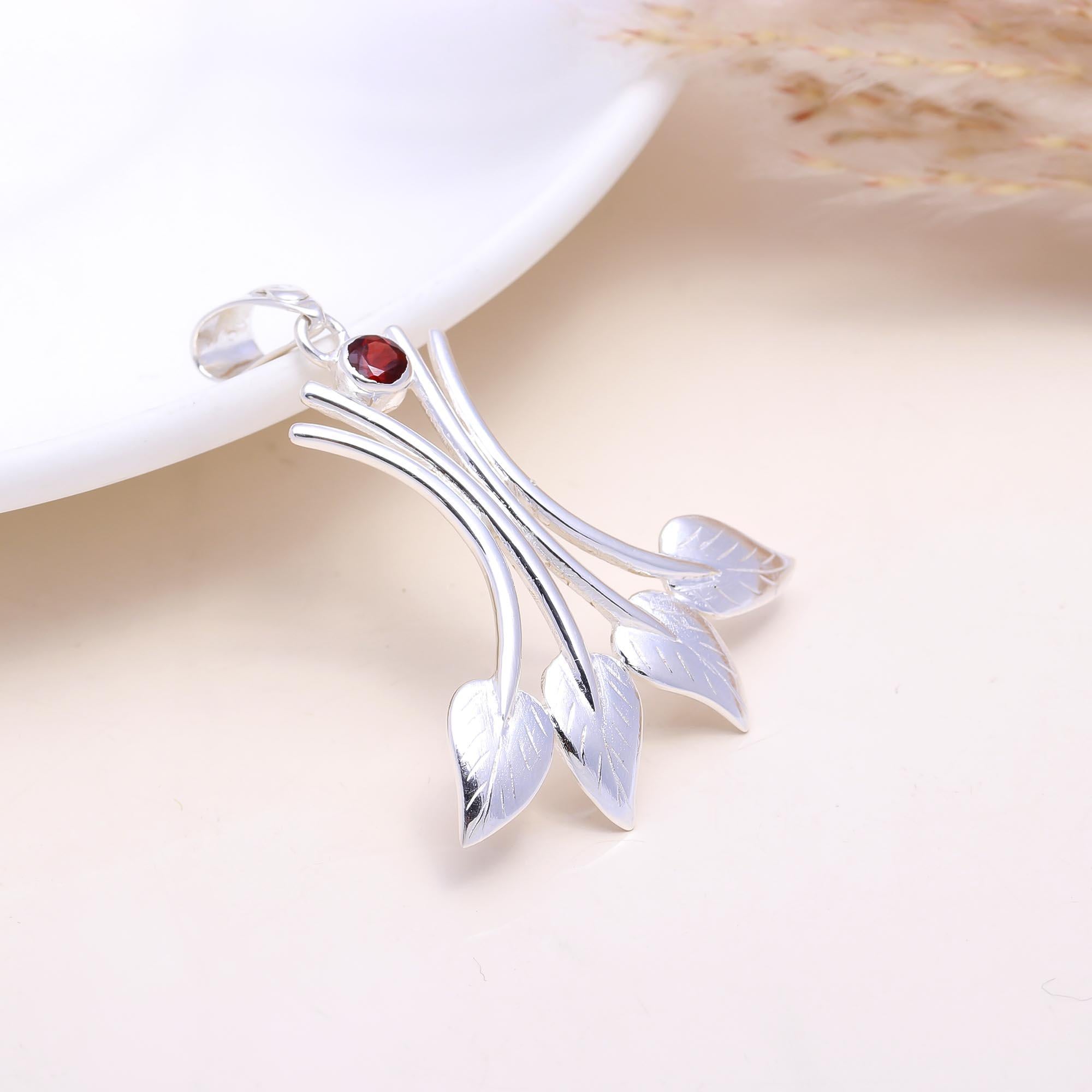 The Winter Berry: Silver Leaf & Garnet Pendant