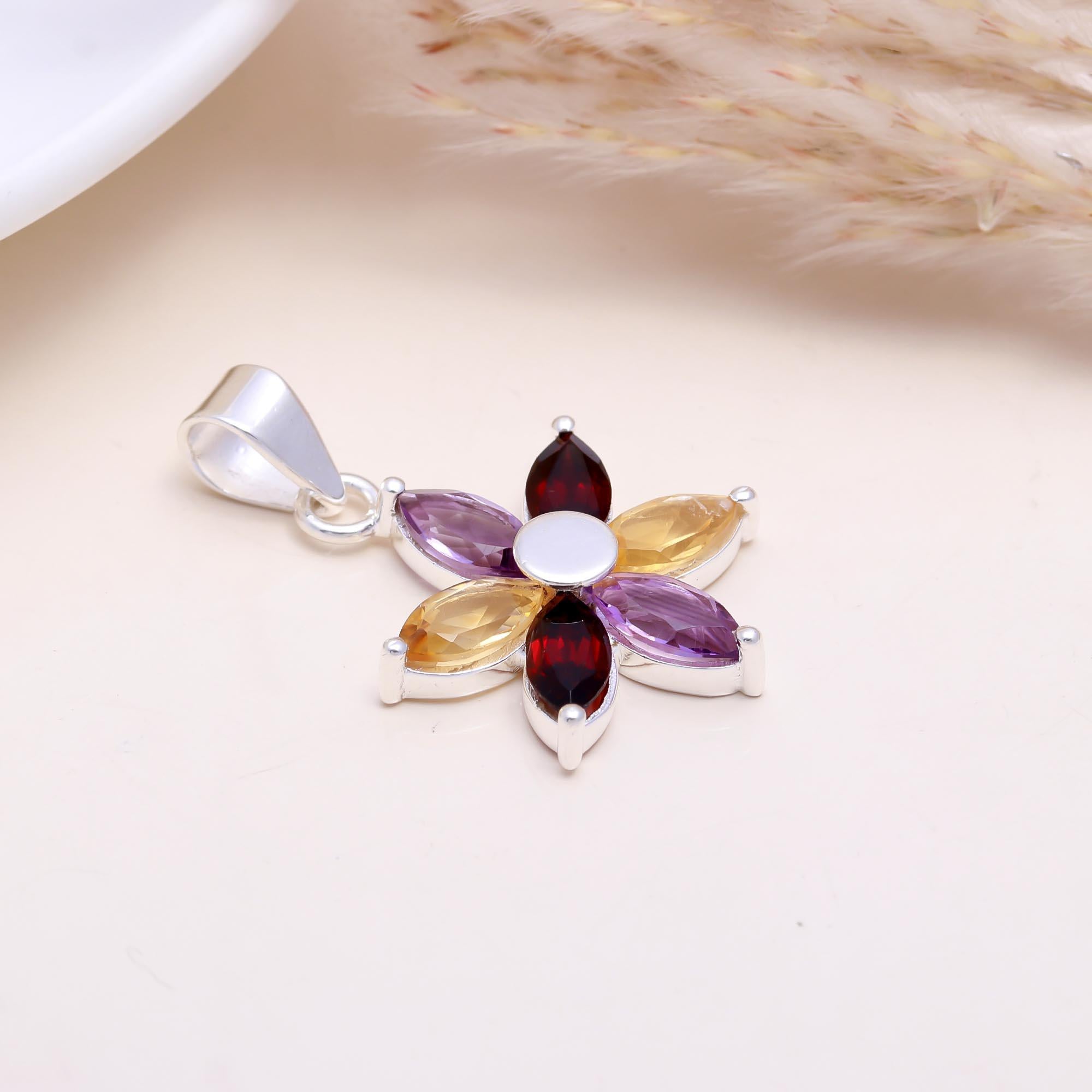 The Vibrant Bloom: Multi-Gemstone Flower Pendant