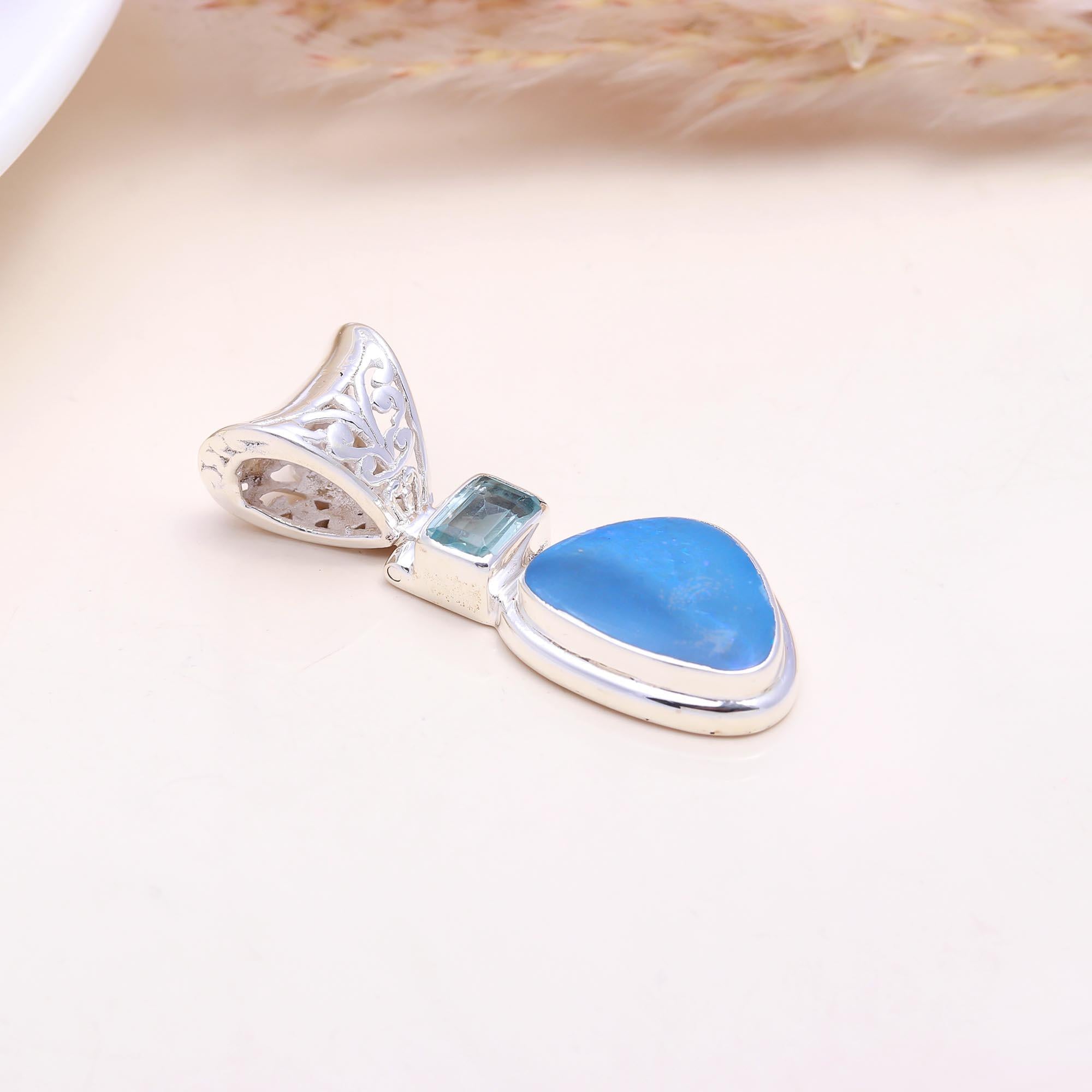 The Ocean & Sky: Opal & Blue Topaz Pendant
